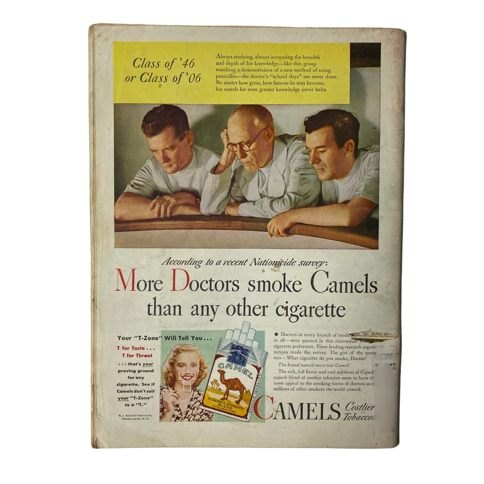 Vintage advertisement from Time Magazine November 11, 1946 featuring the title 'Time Magazine – November 11, 1946 – Vol. 48 No. 20 – Helen Traubel'. It shows three doctors studying, with a tagline about the preference of doctors for Camel cigarettes, highlighting a survey claiming more doctors smoke Camels than any other cigarette.