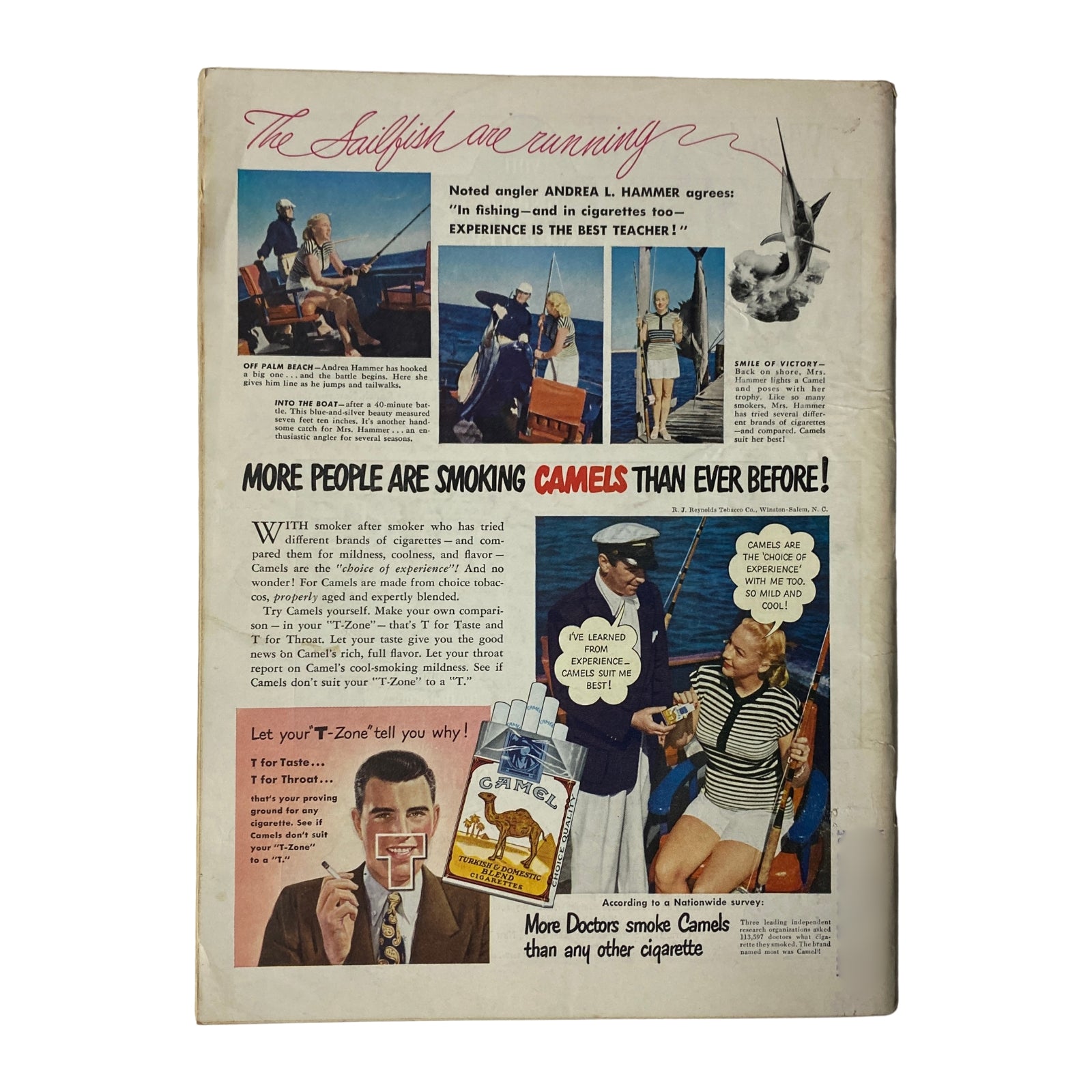 Inside back cover of Time Magazine September 13, 1948, Vol 52 No 11 featuring an advertisement for Camel cigarettes, showcasing various scenes of fishing and promoting the brand's appeal.