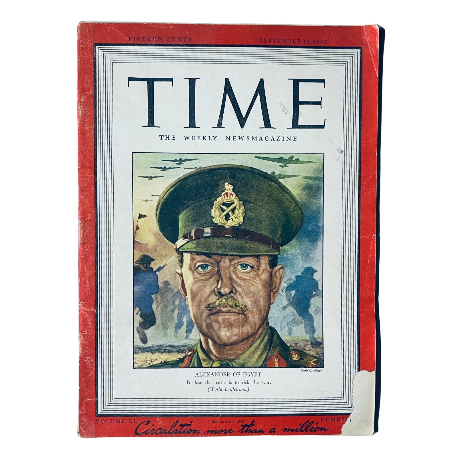 Time Magazine September 14, 1942 Vol 50 No. 11 featuring British General Harold Alexander on the cover, showcasing historical artwork and wartime themes.