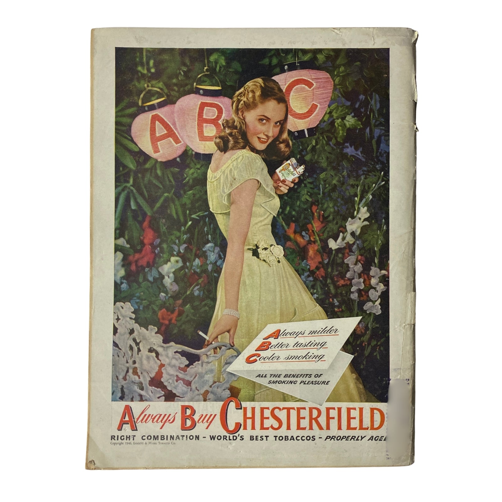 Vintage advertisement for Chesterfield cigarettes, depicting a young woman in a yellow dress with a garden backdrop, promoting the slogan 'Always Buy Chesterfield'.