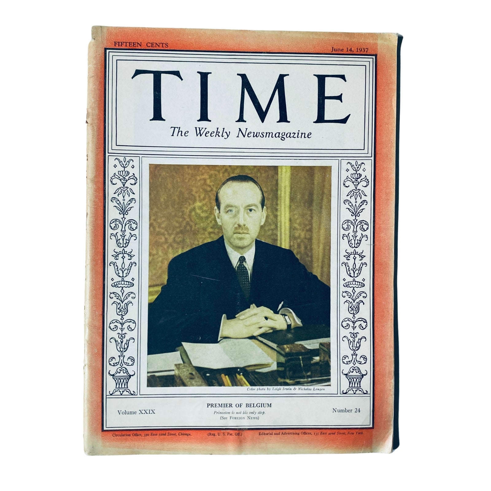 Time Magazine cover from June 14, 1937, Volume 29, Number 24 featuring Paul van Zeeland, the Premier of Belgium, with a formal portrait and classic magazine design.