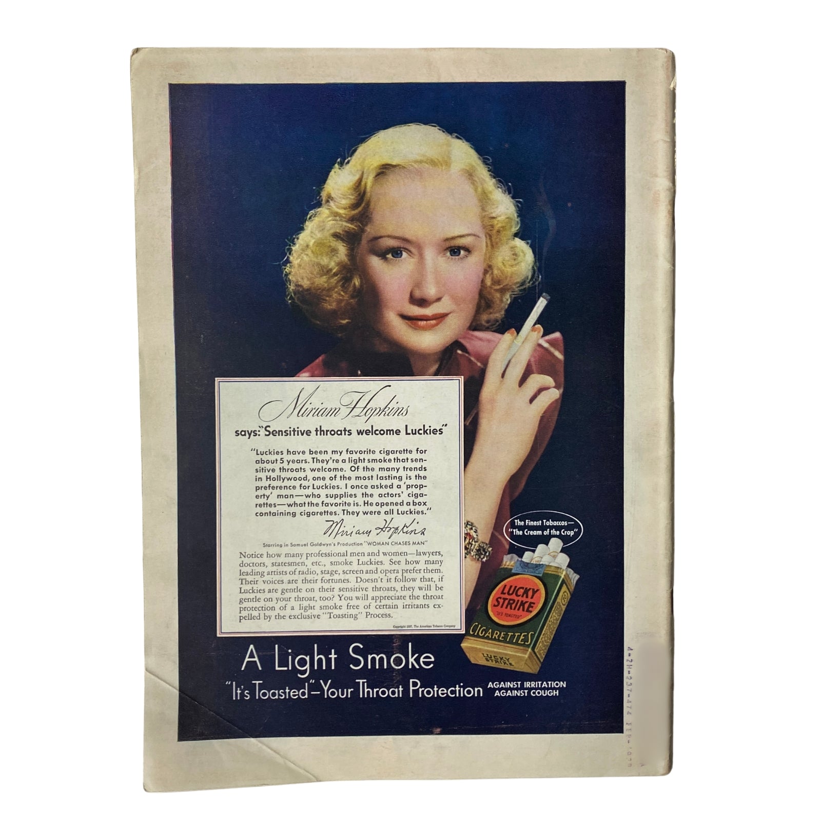 Vintage advertisement from Time Magazine June 14, 1937, showcasing actress Miriam Hopkins promoting Lucky Strike cigarettes with a focus on sensitive throats welcome tagline.