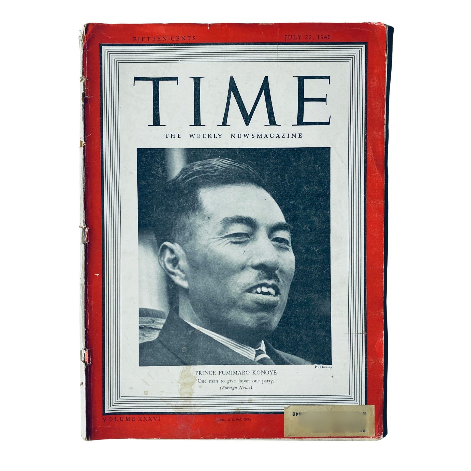 Cover of Time Magazine from July 22, 1940, Vol. 36 No. 4 featuring Prince Fumimaro Konoye, highlighting his role in Japan's political landscape before World War II.