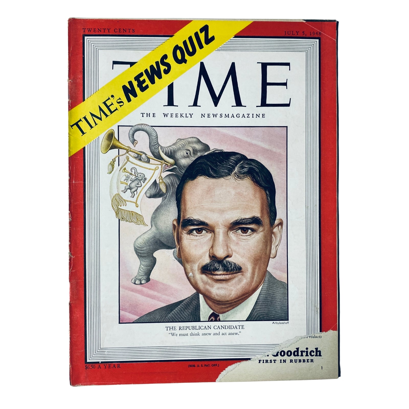 Time Magazine July 5, 1948 Vol 52 No. 1 featuring Thomas E. Dewey on the cover, with an illustration including an elephant playing a trumpet, symbolizing the Republican Party.