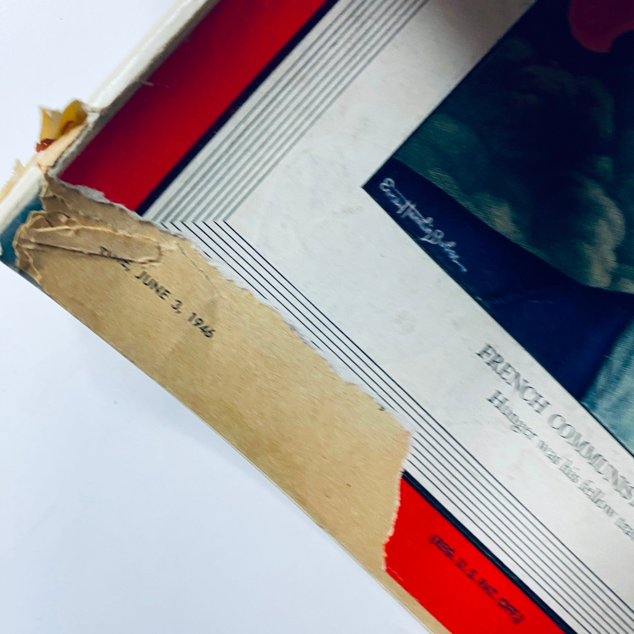 Close-up view of the June 3, 1946 Time Magazine cover featuring Maurice Thorez. The image shows the magazine's edge with publication date and condition details, including a torn corner.