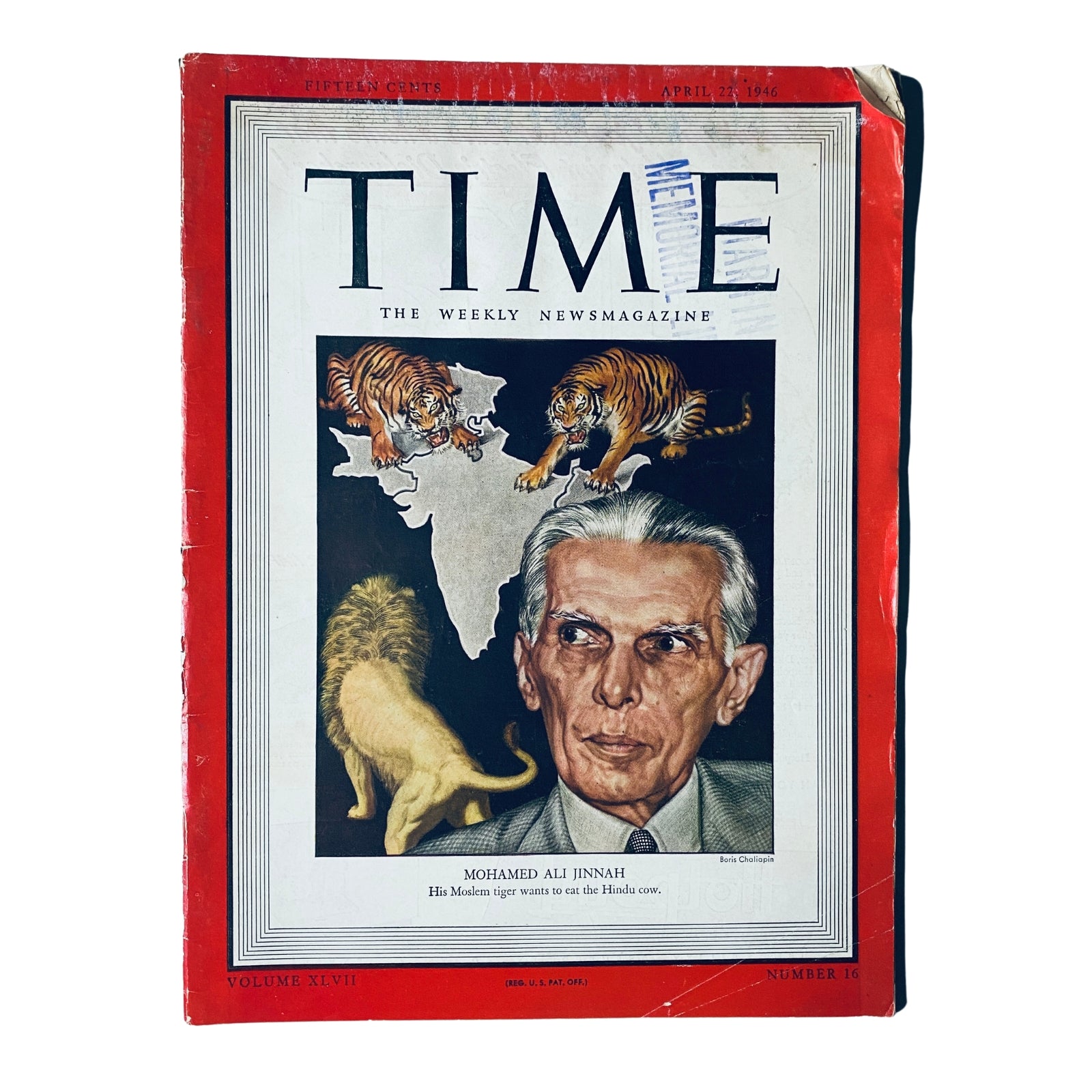Cover of Time Magazine dated April 22, 1946, Volume 47, Number 16, featuring Amadeo Peter Giannini, an influential figure in American finance, with an illustration of lions and a map of India.