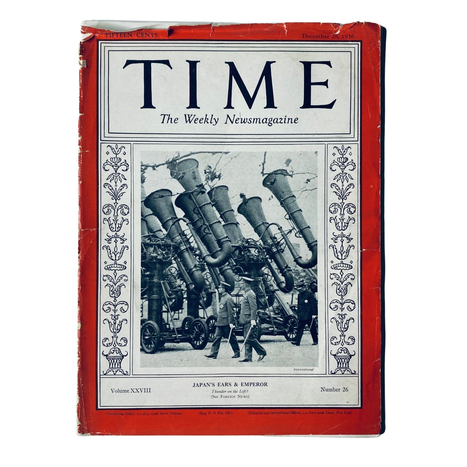 Time Magazine December 28, 1936 featuring Emperor Hirohito on the cover, depicting Japan's militarism with large speakers and soldiers, missing back cover.