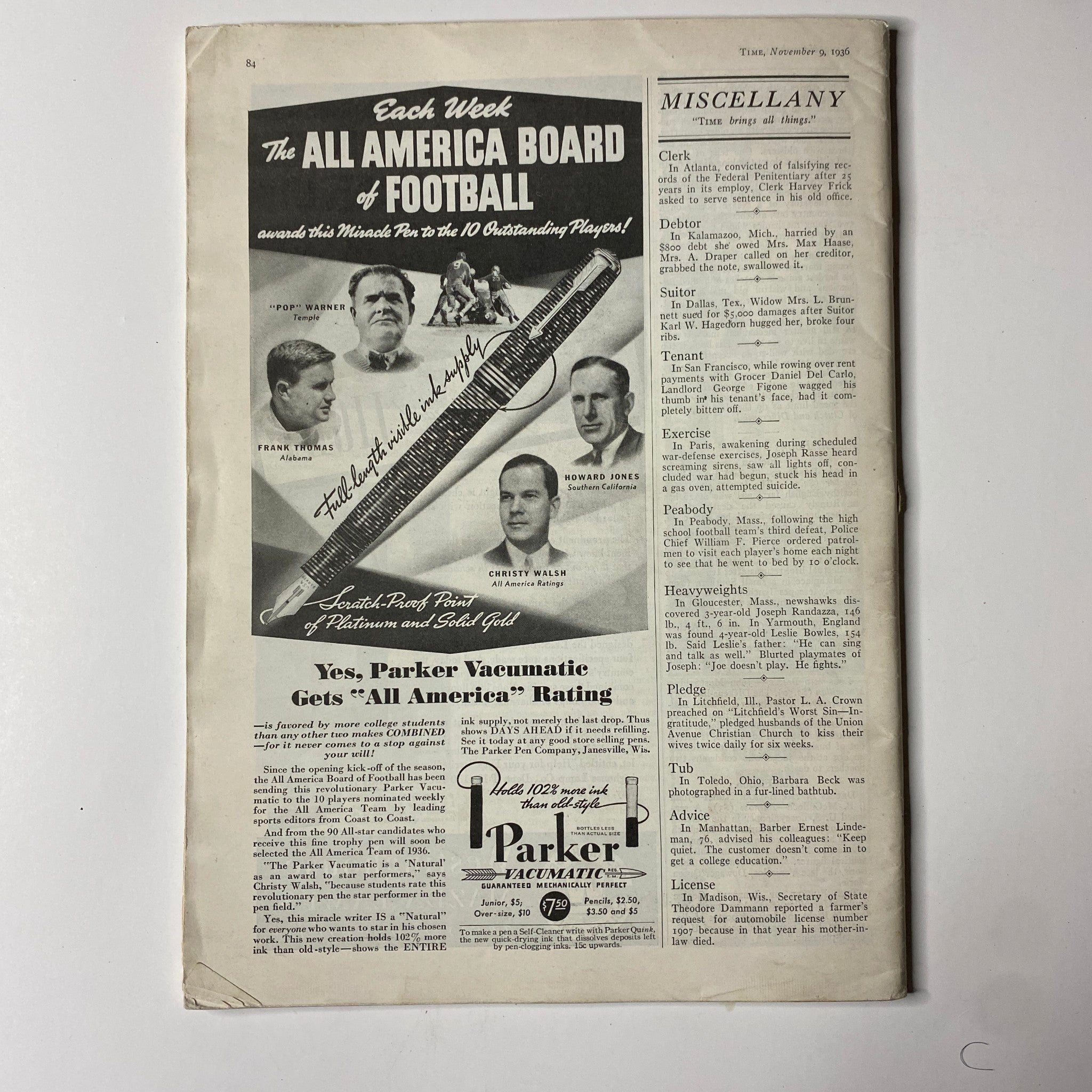 Interior page of Time Magazine from November 9, 1936, showcasing an advertisement for the All America Board of Football with notable players listed.