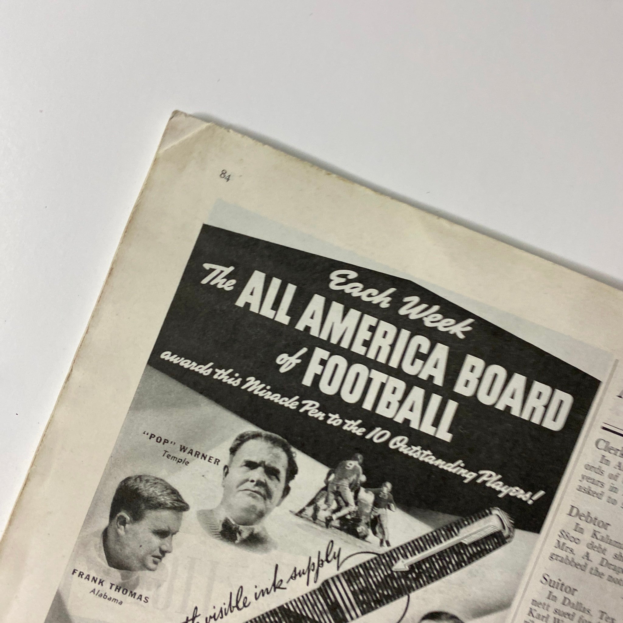 Close-up of the advertisement for the All America Board of Football in Time Magazine November 9, 1936, featuring prominent football figures such as 'Pop' Warner and Frank Thomas.