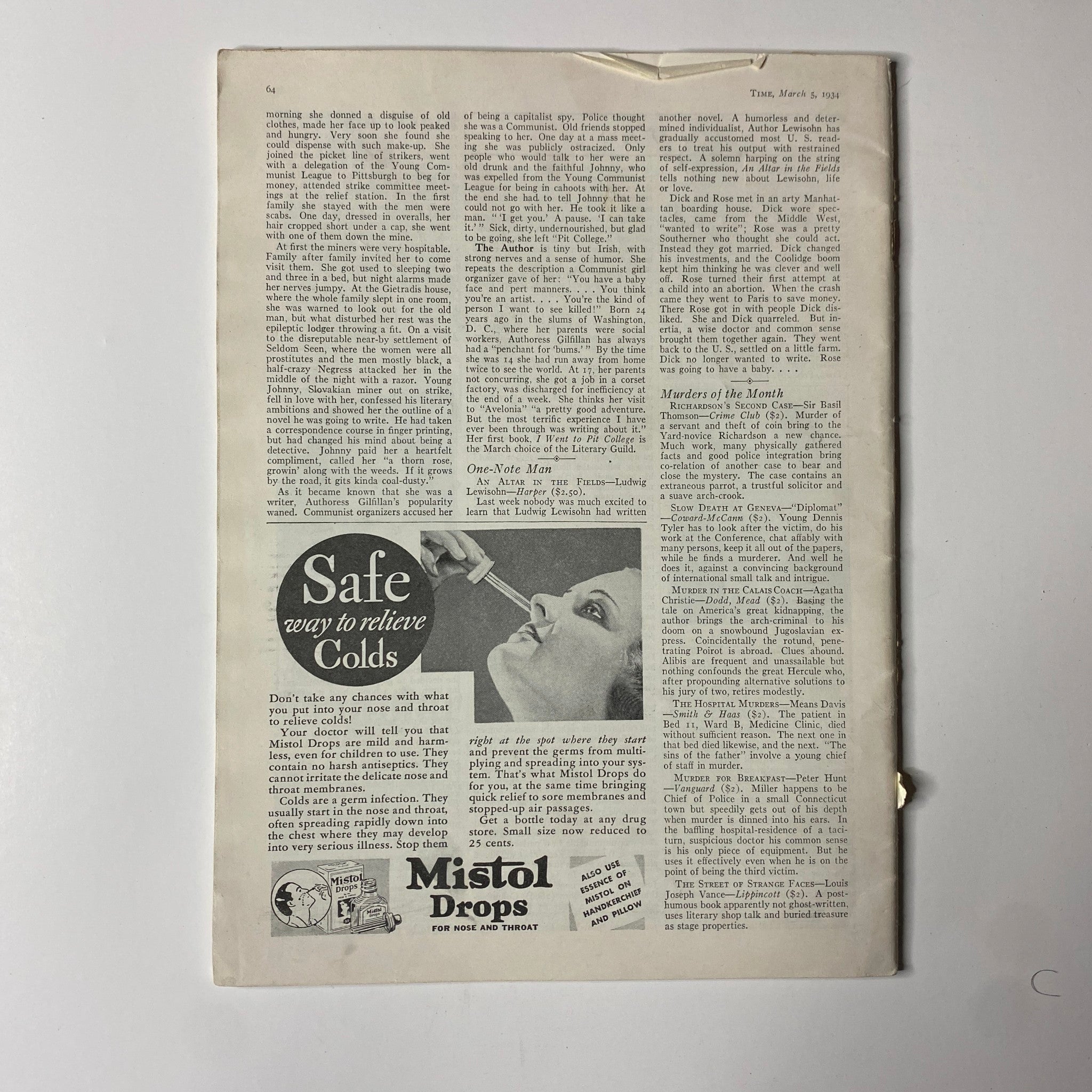 Interior view of Time Magazine March 5, 1934, featuring article text and advertisements, showcasing the style and layout of the publication. This vintage issue, Vol. 23 No. 10, includes content relevant to the historical context surrounding Henry Pu Yi, the last Emperor of China.