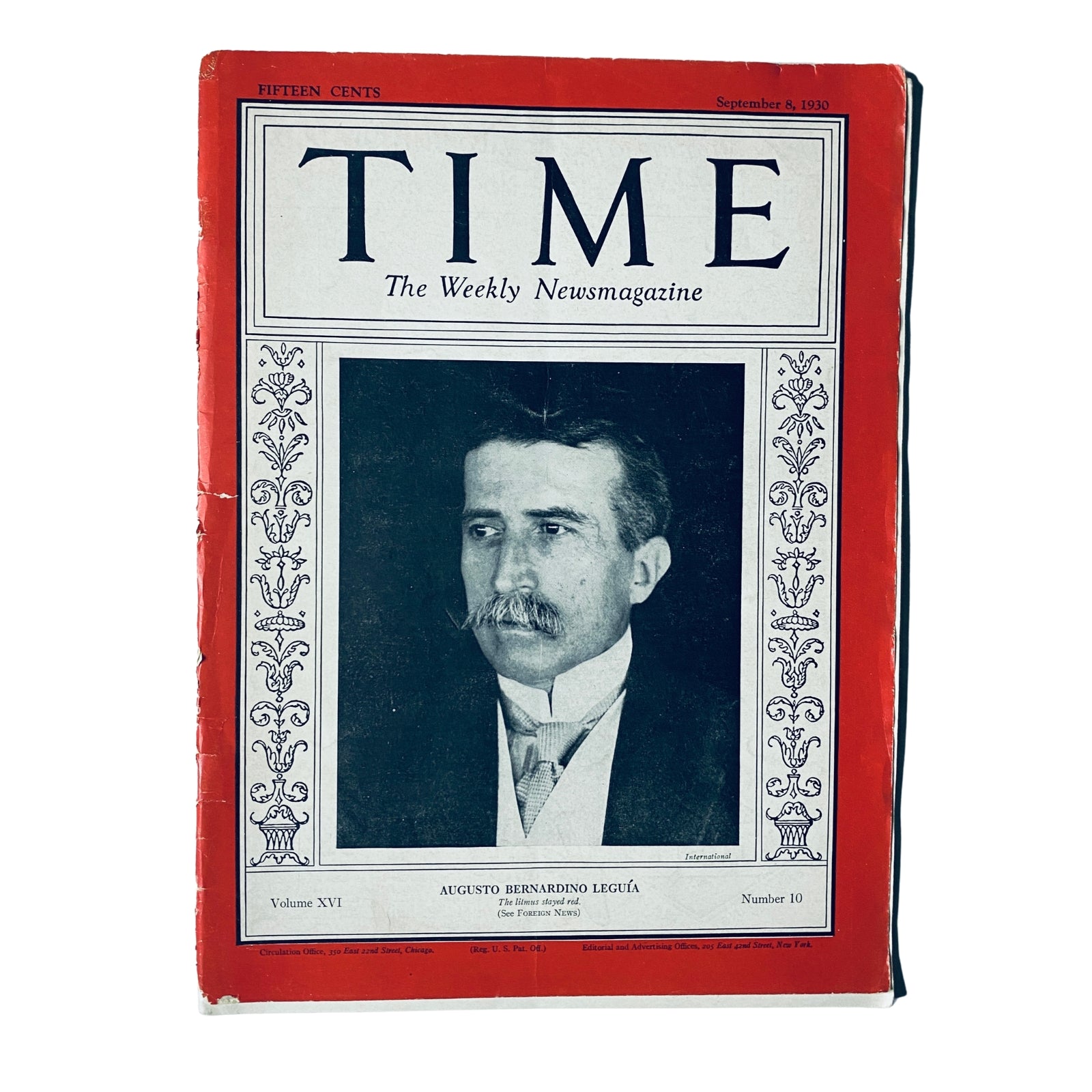 Time Magazine cover from September 8, 1930 featuring Augusto B. Leguía. The cover displays a portrait of Leguía along with the title 'TIME' and the magazine's details. This issue is notable for its historical context regarding Leguía's presidency in Peru.