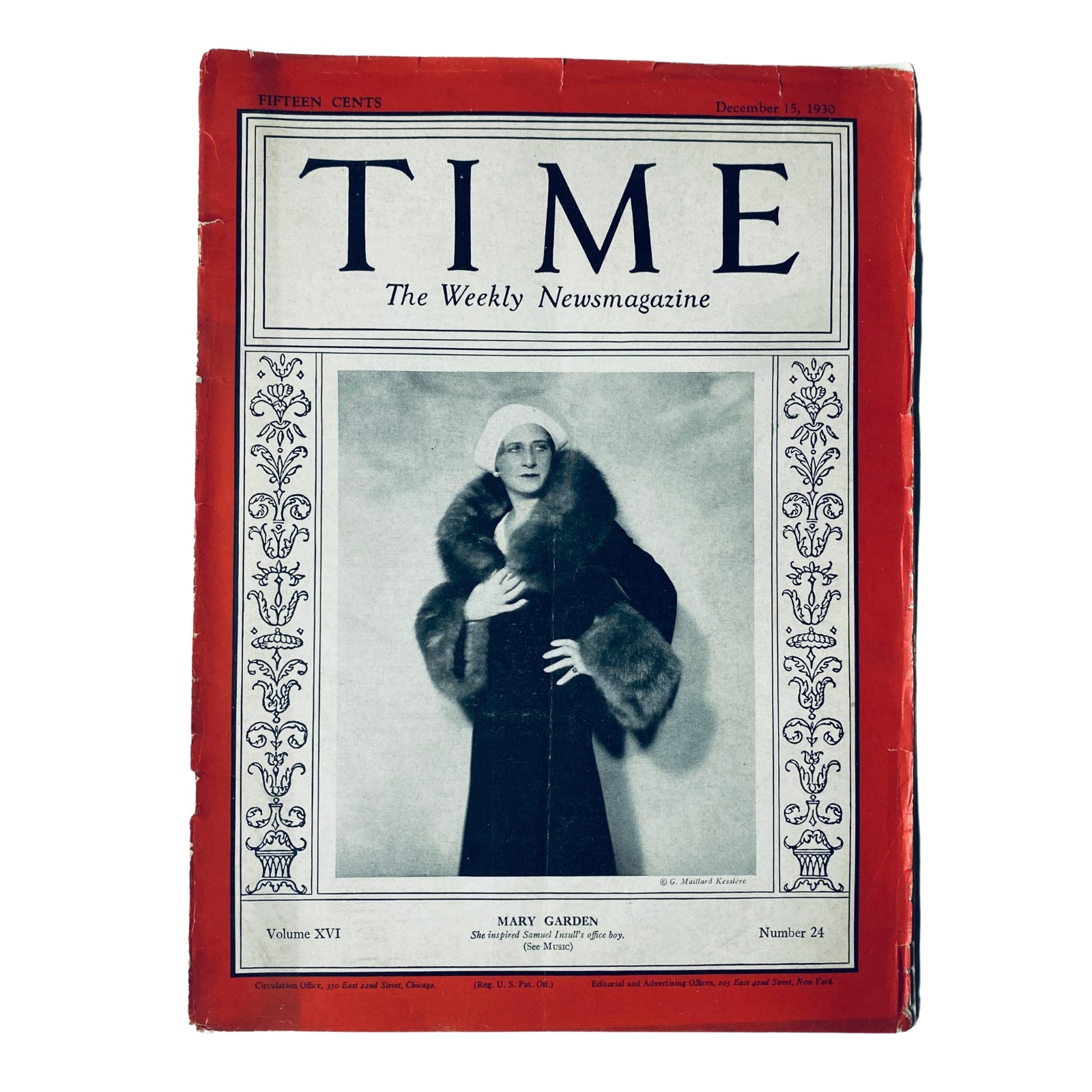 Time Magazine December 15, 1930 Vol 16 No 24 featuring Mary Garden on the cover, showcasing vintage magazine design with red borders and advertising text.