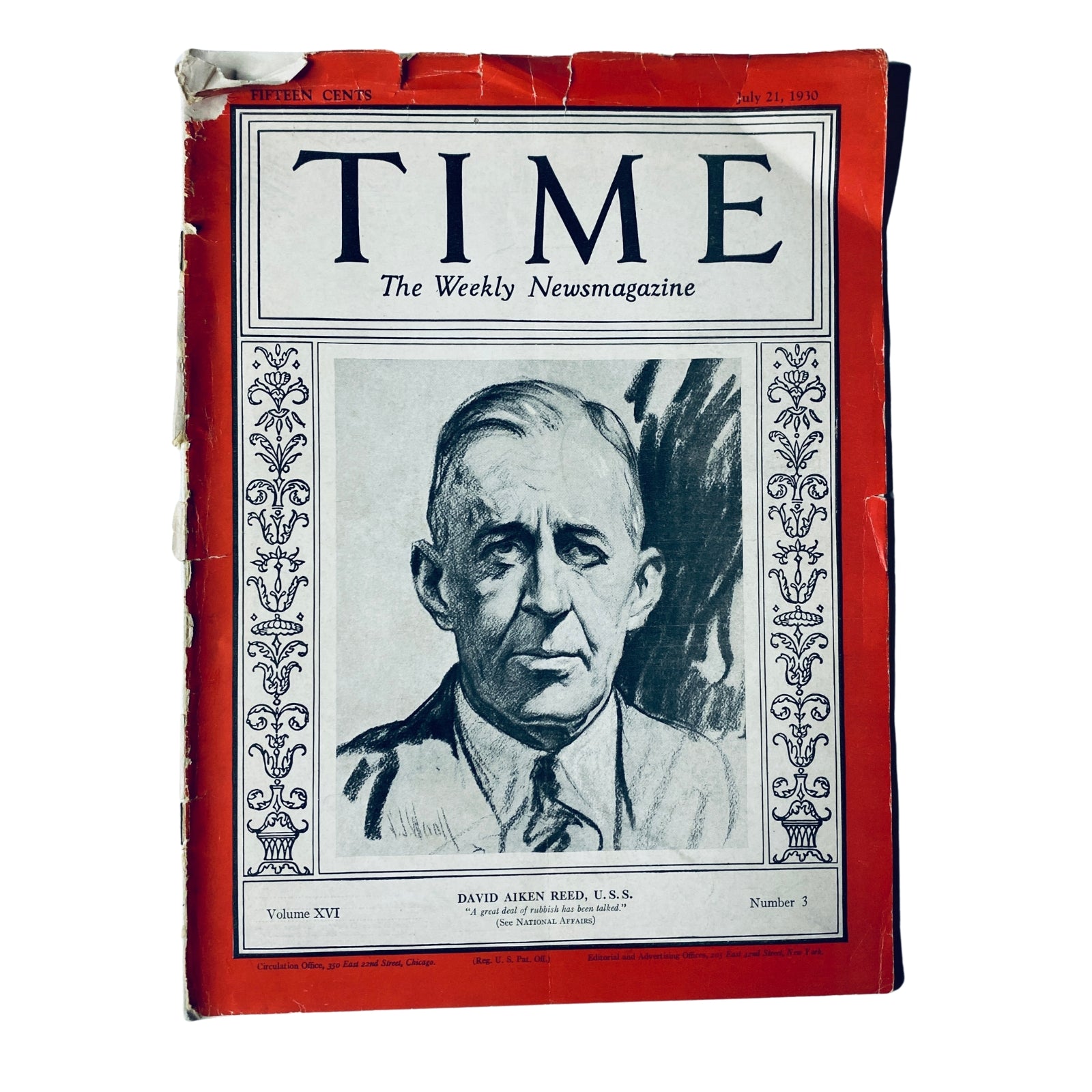 Cover of Time Magazine July 21, 1930, Vol. 16 No. 3 featuring U.S. Senator David Aiken Reed, with missing back cover and visible wear.