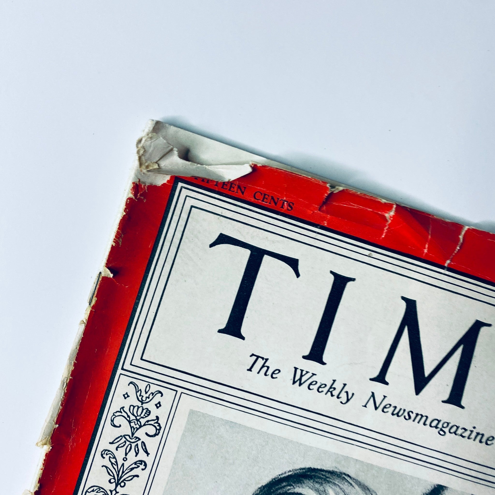Close-up of the damaged cover of Time Magazine July 21, 1930, showing creases and tears, featuring U.S. Senator David Aiken Reed.