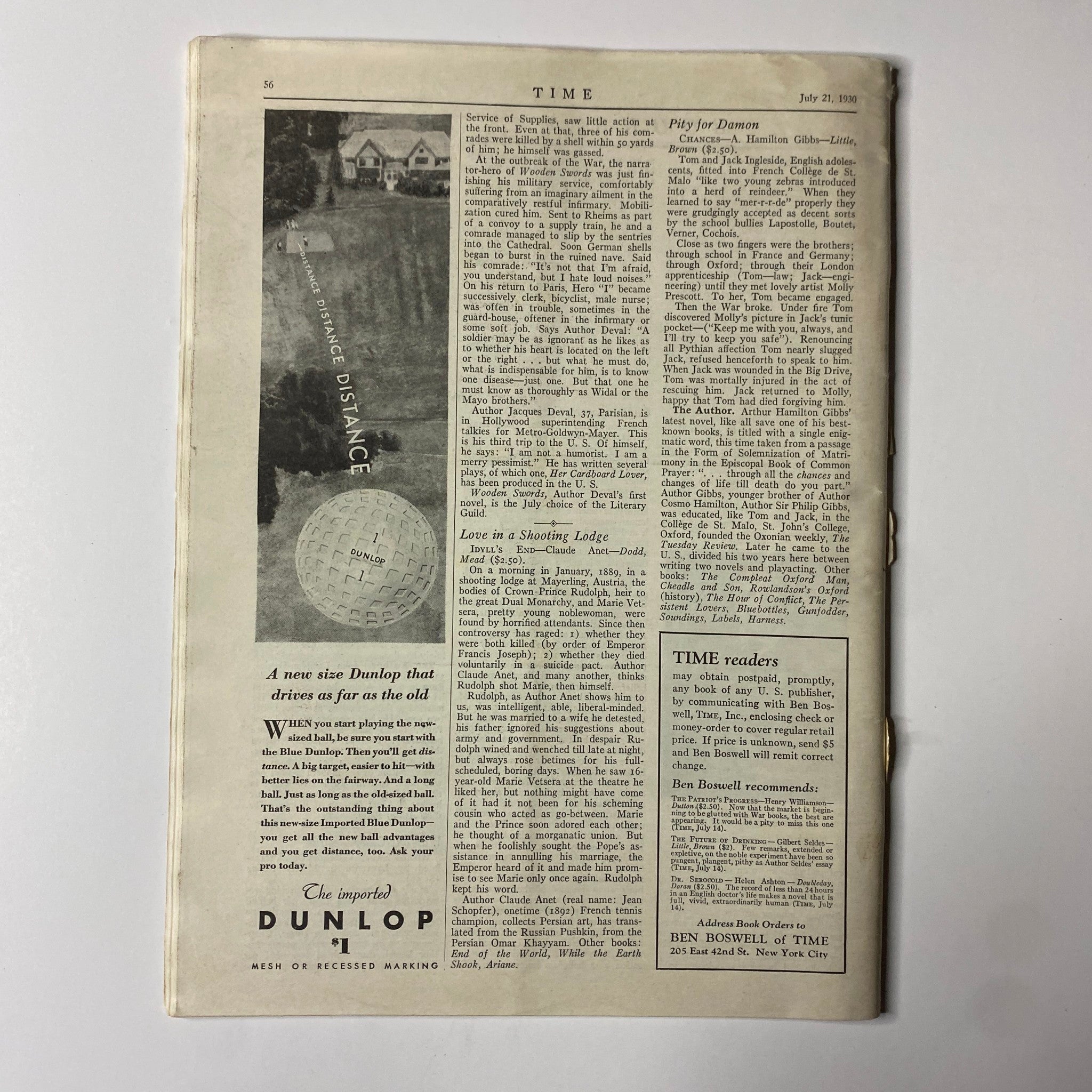 Interior page of Time Magazine July 21, 1930, Vol. 16 No. 3, showing an article layout and print, emphasizing the vintage magazine style.