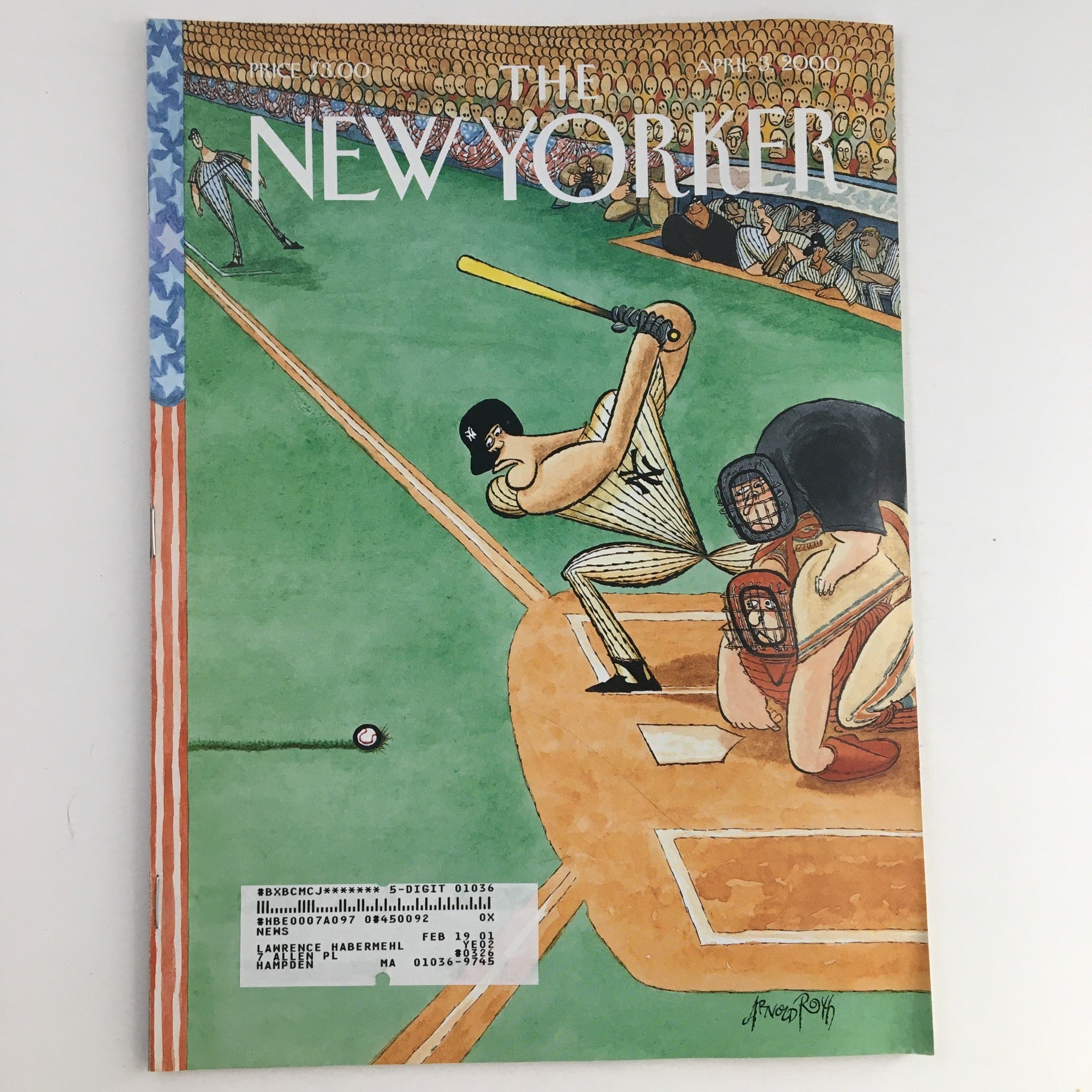 Cover of The New Yorker April 3 2000 featuring unique artwork by Arnold Roth, depicting a baseball scene with players and a bat.
