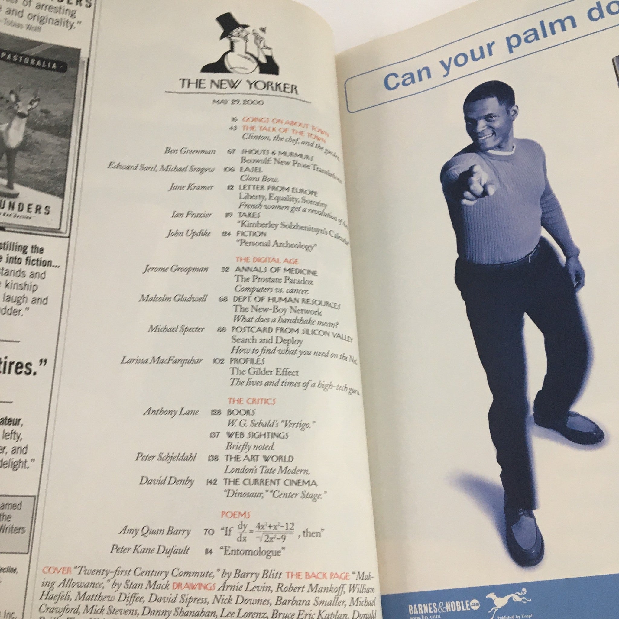 Interior page of The New Yorker May 29, 2000 magazine showcasing content details and advertisements, reflective of the publication's style and era.