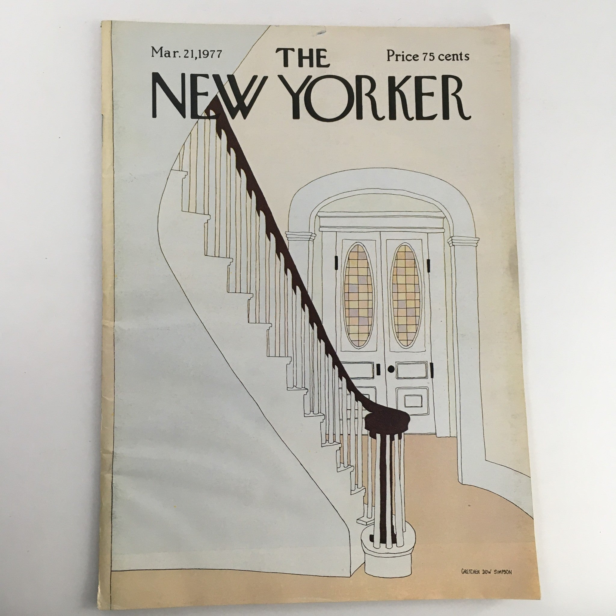 Cover of The New Yorker Magazine March 21 1977 featuring a unique theme art design by Gretchen Dow Simpson, showcasing a staircase and doors in an elegant style.