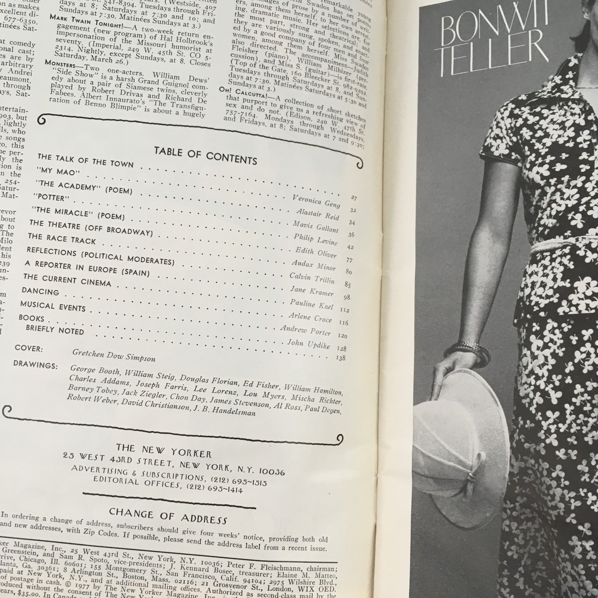 Inside page of The New Yorker Magazine March 21 1977 displaying the Table of Contents, including articles and drawings by various contributors, featuring the name of the cover artist Gretchen Dow Simpson.