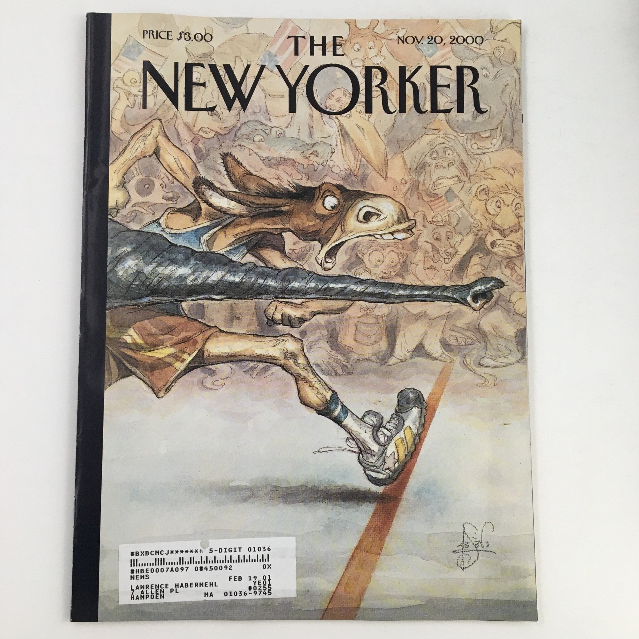 Cover of The New Yorker Magazine from November 20, 2000, featuring a whimsical illustration by Peter de Sève, depicting a humorous scene with a donkey, capturing the essence of the publication's artistic flair.