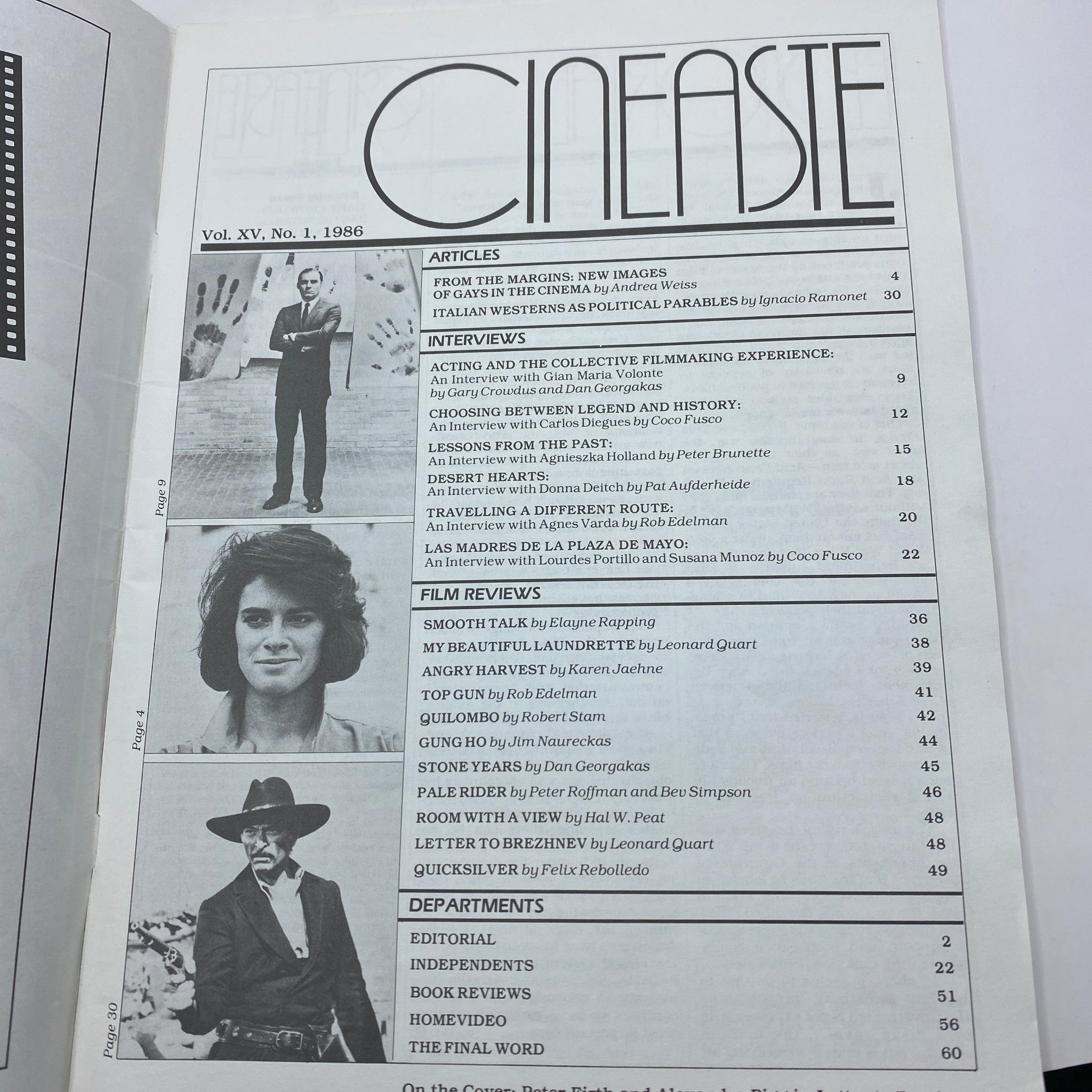Cover page of VTG Cineaste Magazine 1986 Vol 15 No. 1 featuring articles, interviews, and film reviews focusing on cinema, including Las Madres de la Plaza de Mayo, a notable theme related to political activism.