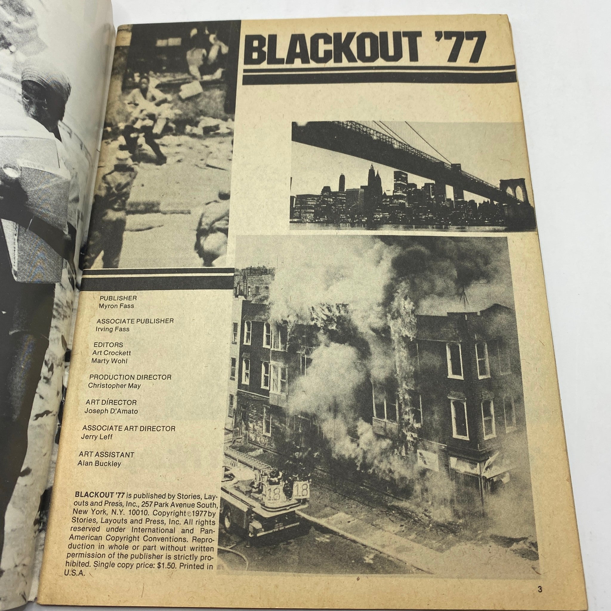 Page showing the publisher and details of the VTG Blackout '77 Magazine A Night To Remember U.S. Collector's Edition, featuring historical images and text from the 1977 issue.