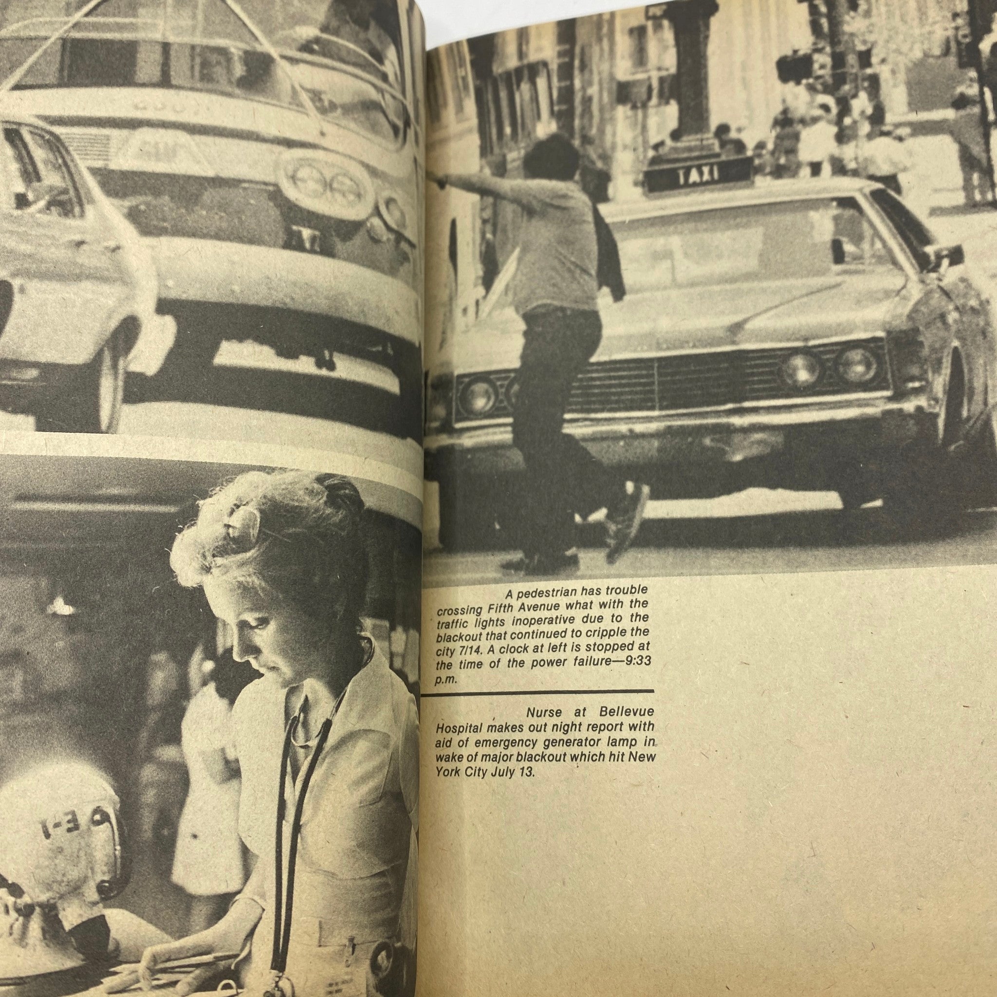 Page from the VTG Blackout '77 Magazine A Night To Remember U.S. Collector's Edition, depicting a pedestrian experience during the 1977 blackout with a busy street scene.