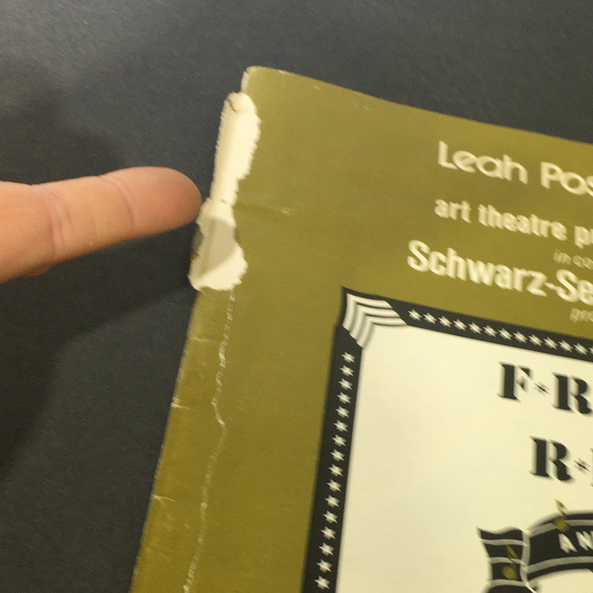 Close-up of the damaged cover of the VTG Front and Rear Music Magazine October 21-November 13 1989 - Patrick Rose, showcasing the edge wear.