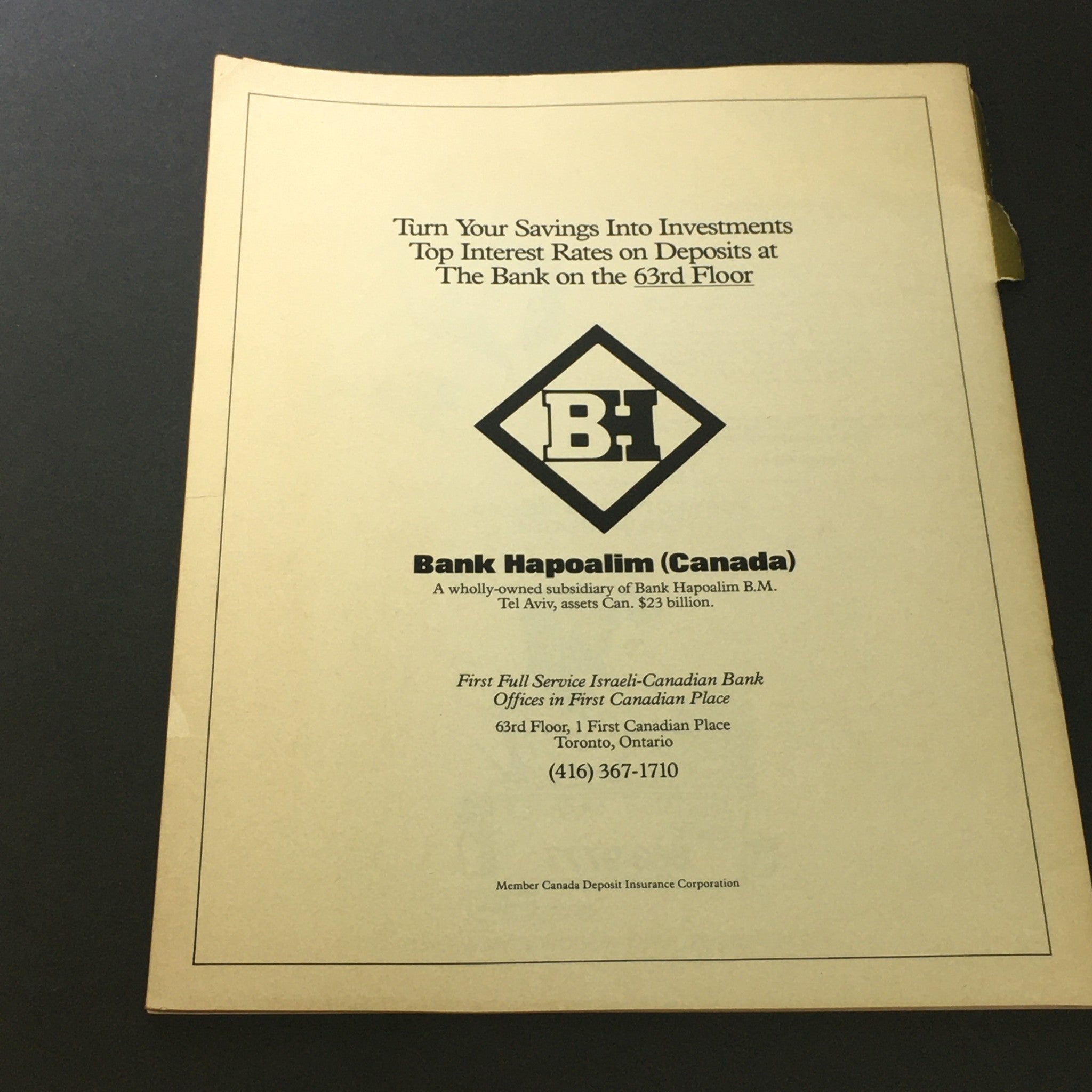 Interior page of Bank Hapoalim (Canada) advertisement from VTG Front and Rear Music Magazine October 21-November 13 1989 featuring investment promotions.