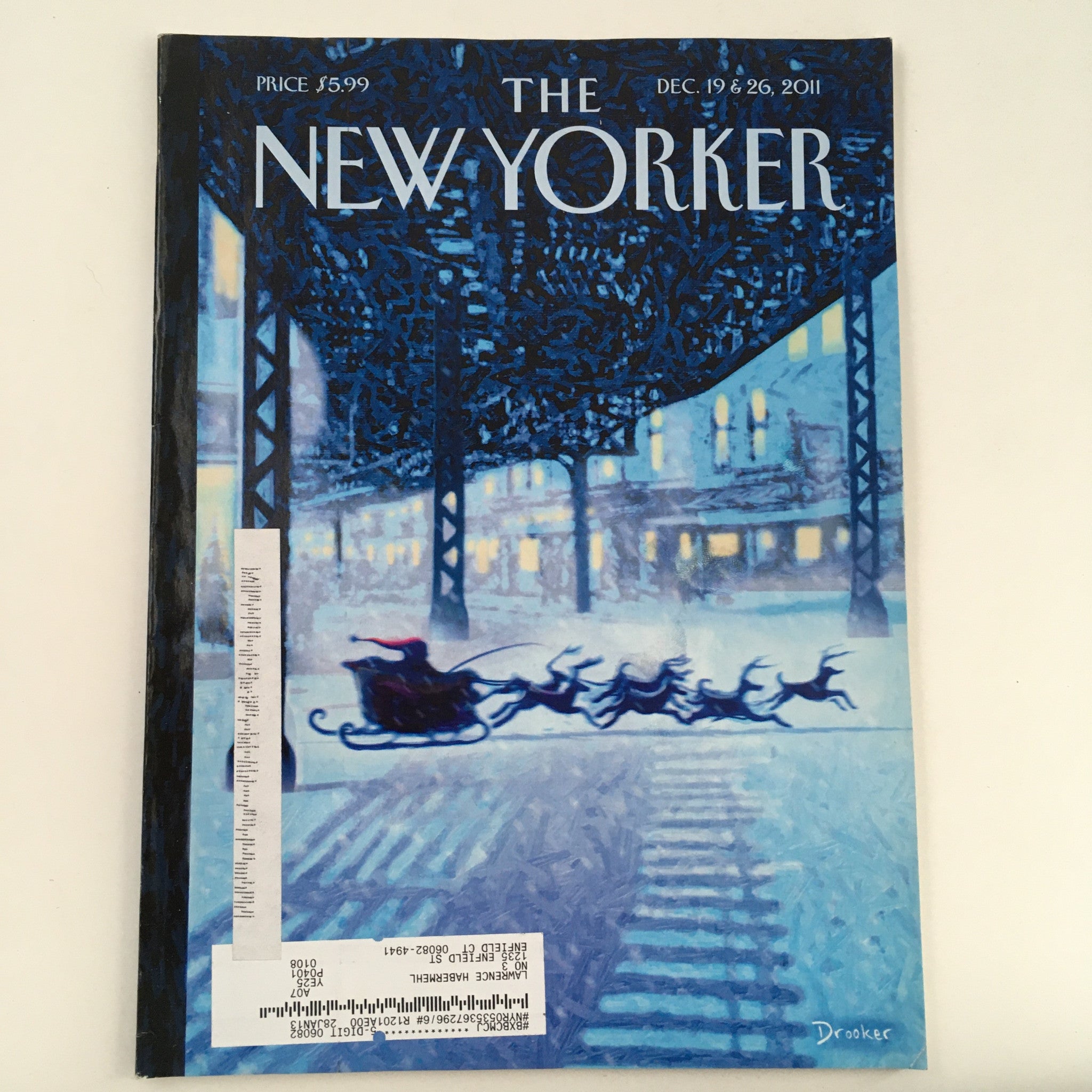 The New Yorker Magazine December 19 2011 Theme Art Cover by Eric Drooker featuring a serene winter scene with a horse-drawn sleigh under a blue-hued night sky.