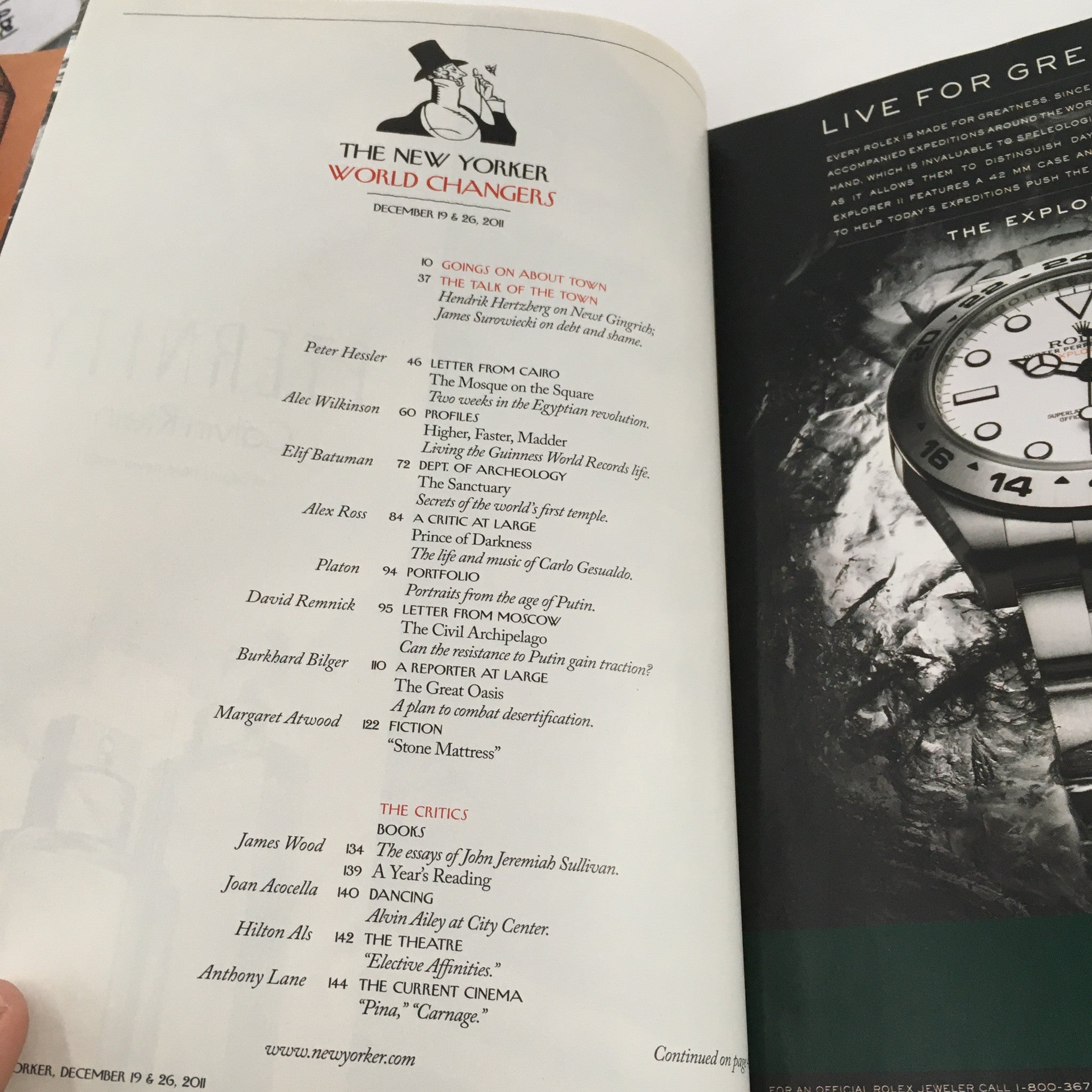 Interior page of The New Yorker Magazine December 19 2011 showing the table of contents, listing articles and features from the issue, highlighting the magazine's blend of art and journalism.