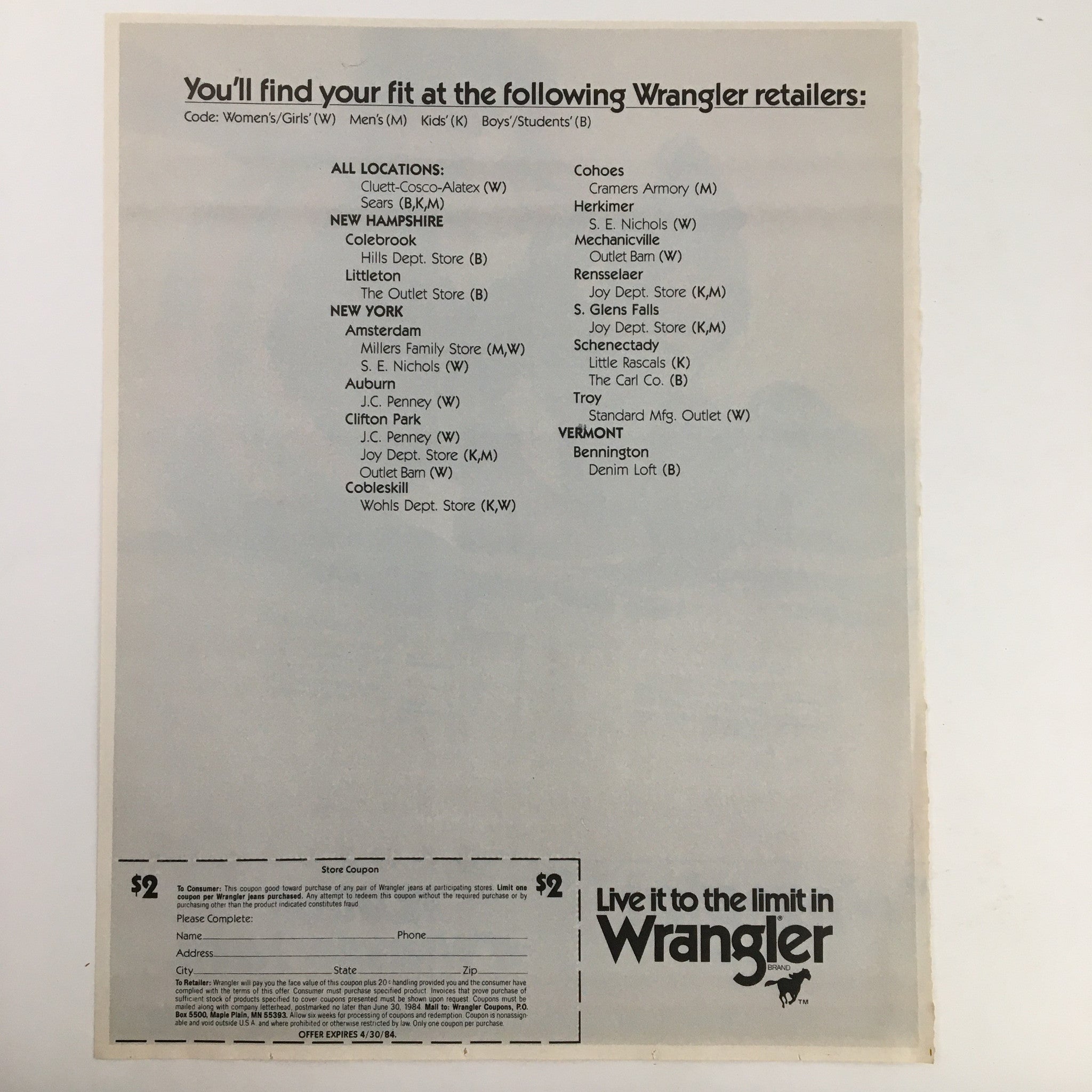 1984 Wrangler Brand Jeans Circular Coupon Advertisement