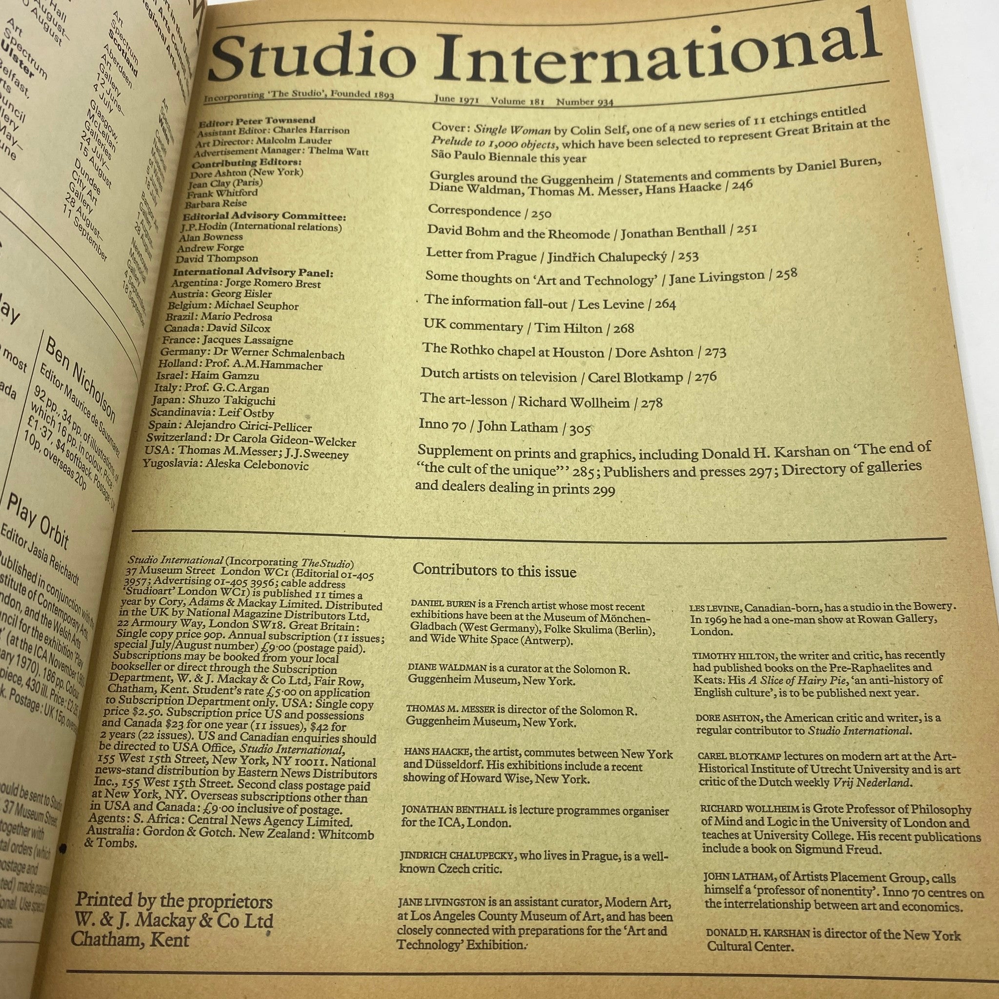 VTG Studio International Magazine June 1971 Single Woman by Colin Self No Label