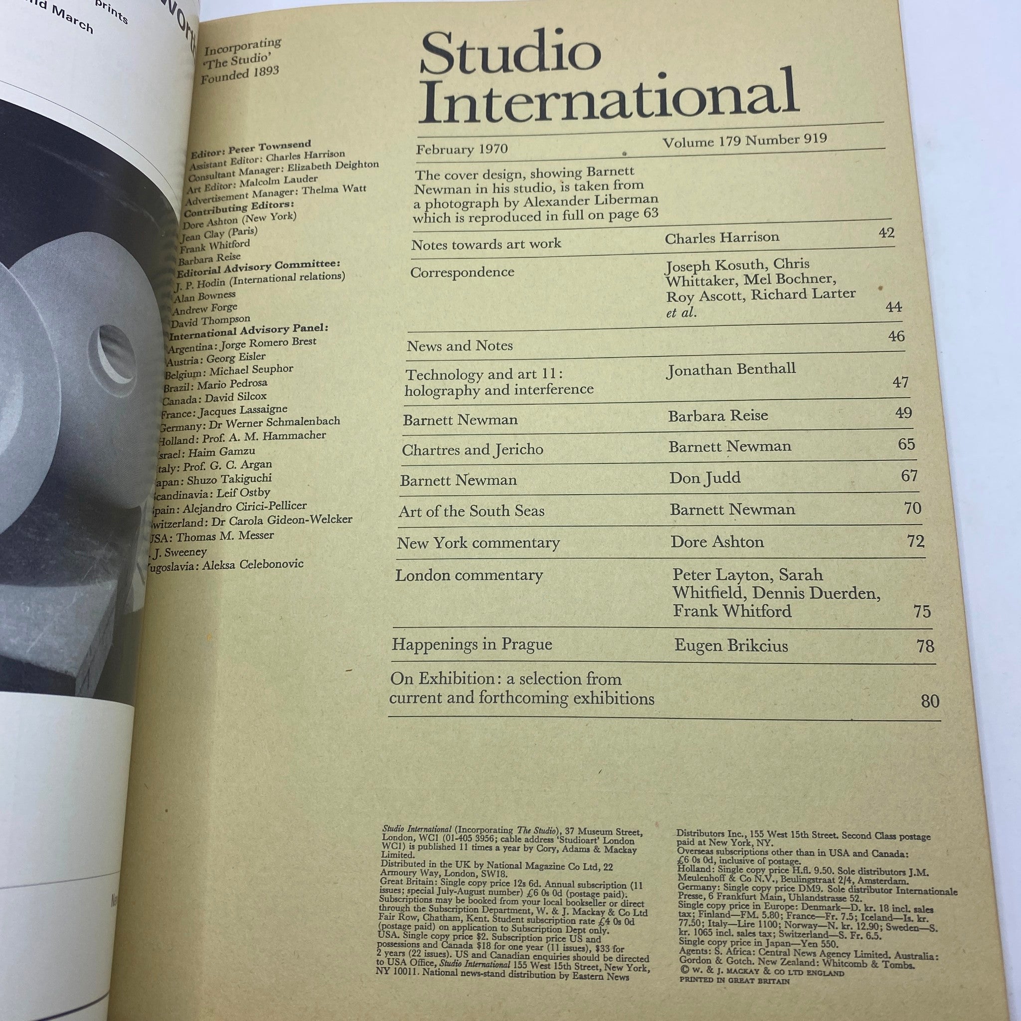 VTG Studio International Magazine February 1970 Barnett Newman Studio No Label