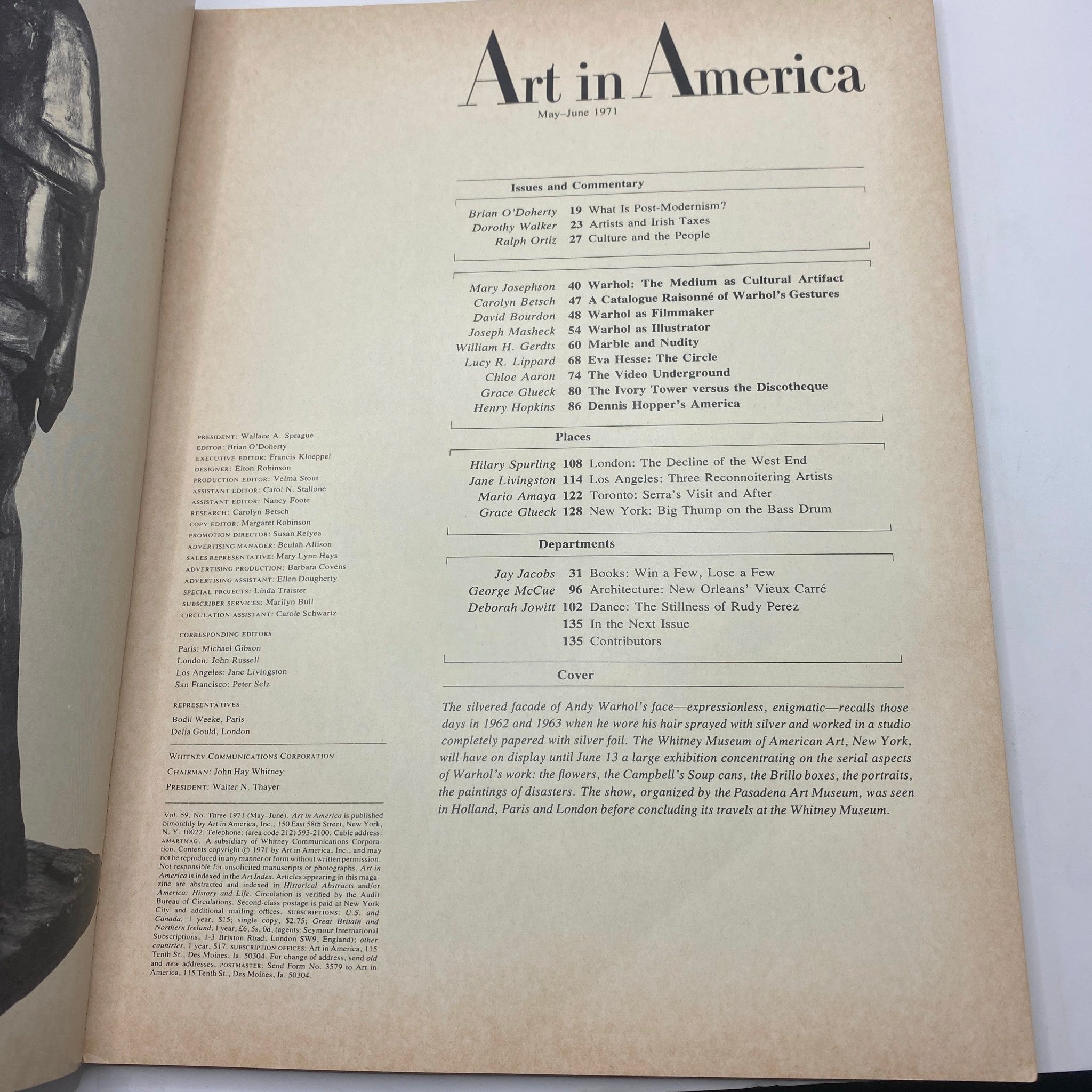 May 1971 issue of Art in America magazine featuring the table of contents, showcasing articles and commentary on contemporary art including Andy Warhol's influence on the art scene.