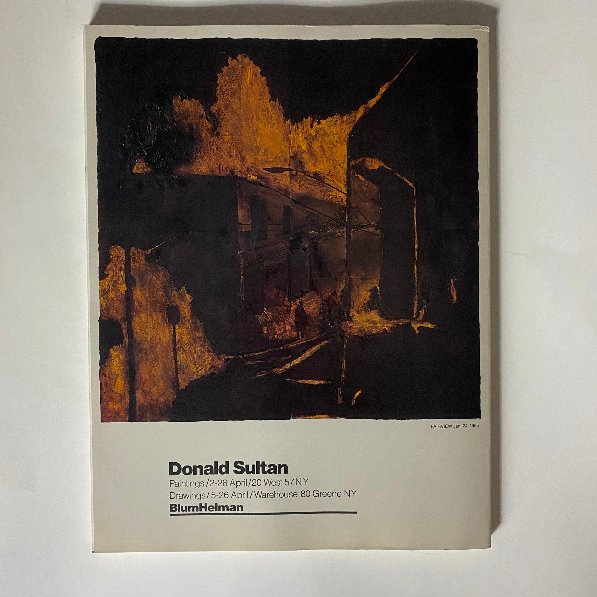 Cover of Donald Sultan exhibition, dated April 1986, featuring an abstract artwork with dark and warm colors. The title reads 'Donald Sultan', indicating an exhibition of paintings and drawings.