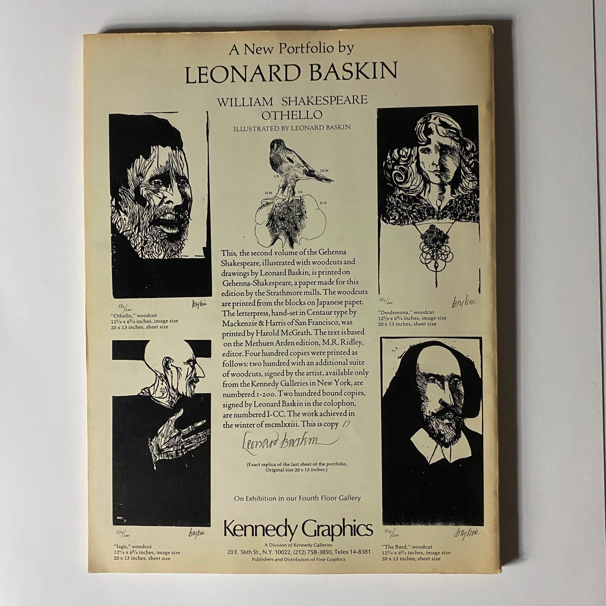 Cover page of a new portfolio by Leonard Baskin, showcasing woodcuts and illustrations for William Shakespeare's Othello, presented by Kennedy Graphics.