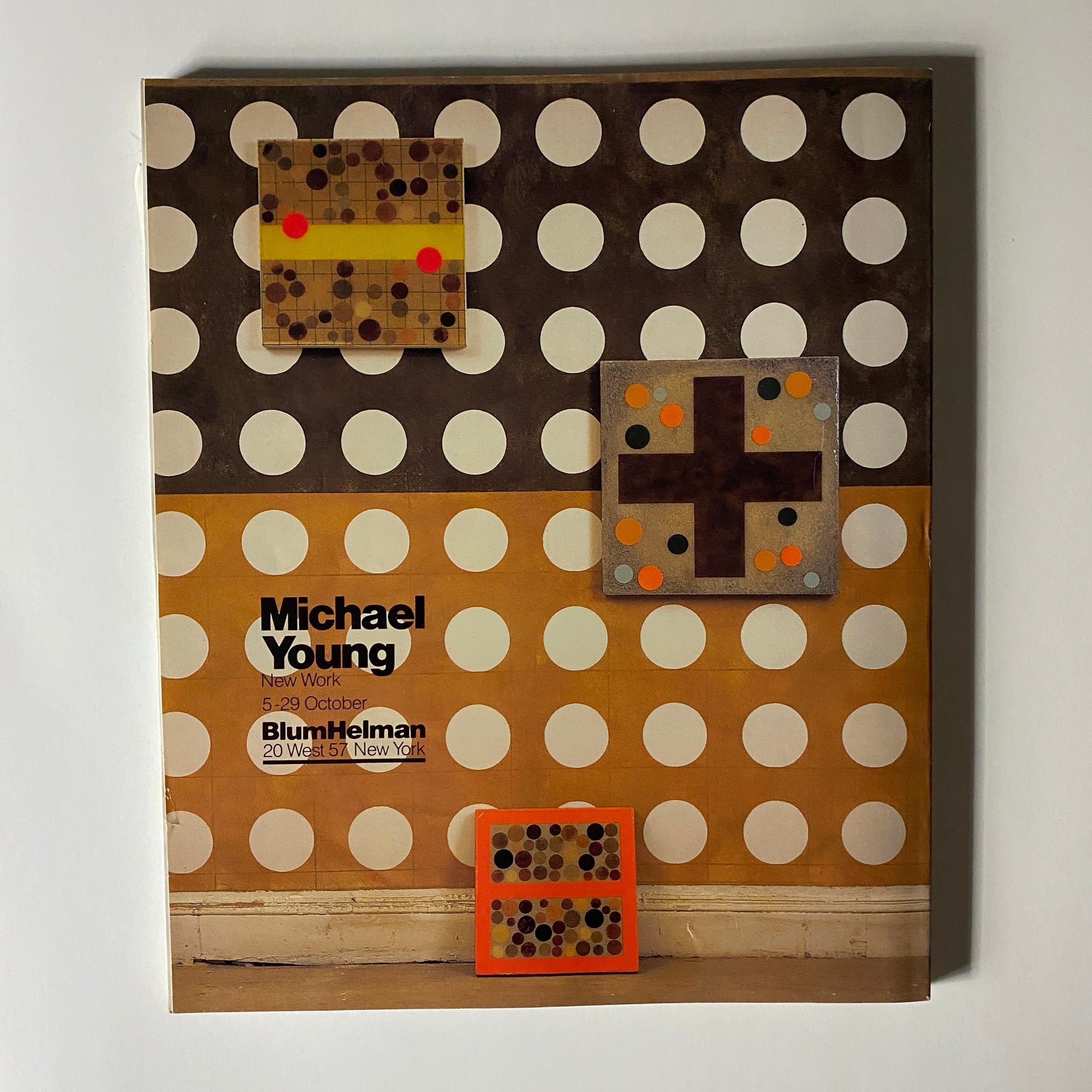 Promotional page for Michael Young's exhibition at BlumHelman, featuring polka dot background and artwork, dated October 5-29, showcasing contemporary art.