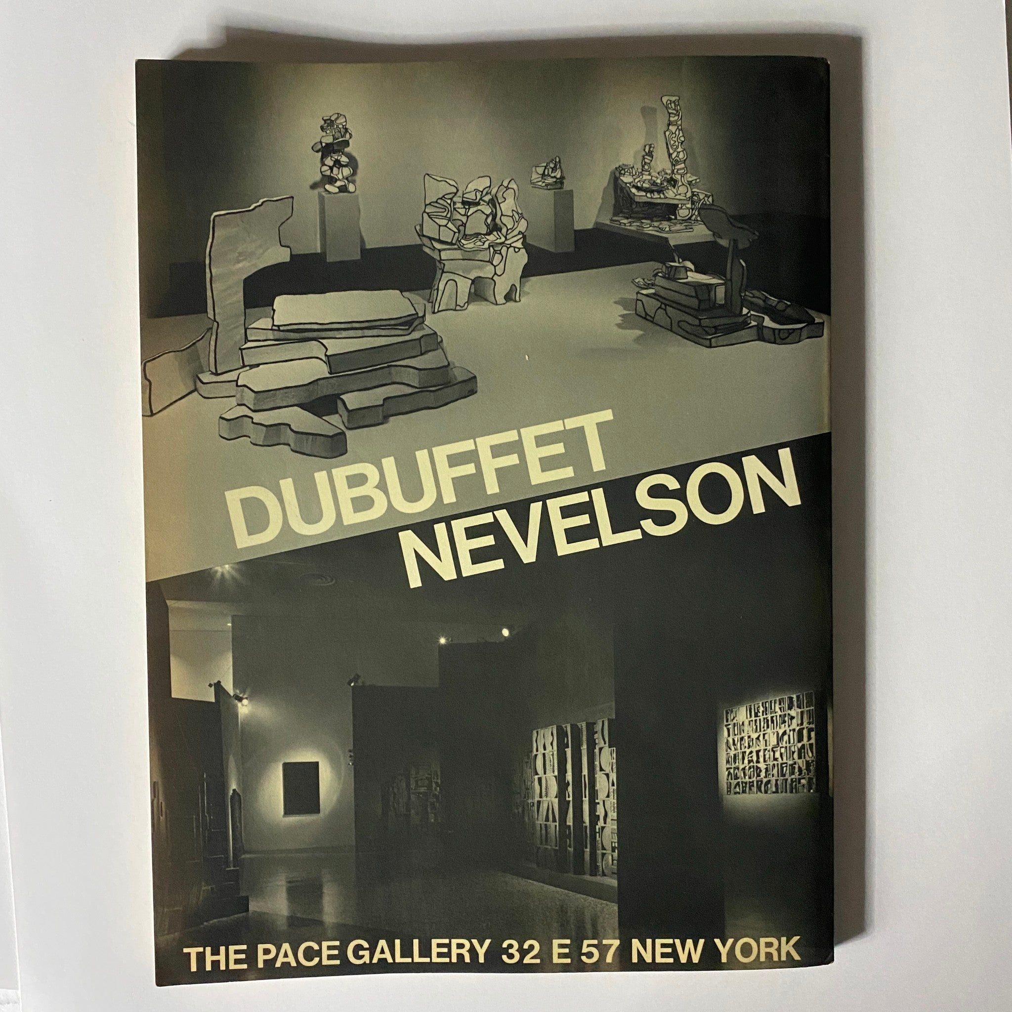 Promotional cover for an exhibition titled 'Dubuffet Nevelson' displayed at The Pace Gallery in New York, showcasing a modern artistic installation.