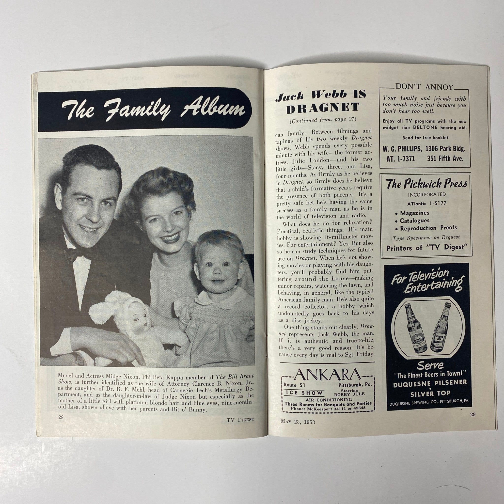 TV Digest Magazine May 23, 1953 featuring Jack Webb cover, with 'The Family Album' article page showcasing Jack Webb, his wife, and their child, providing a glimpse into family life alongside television culture.