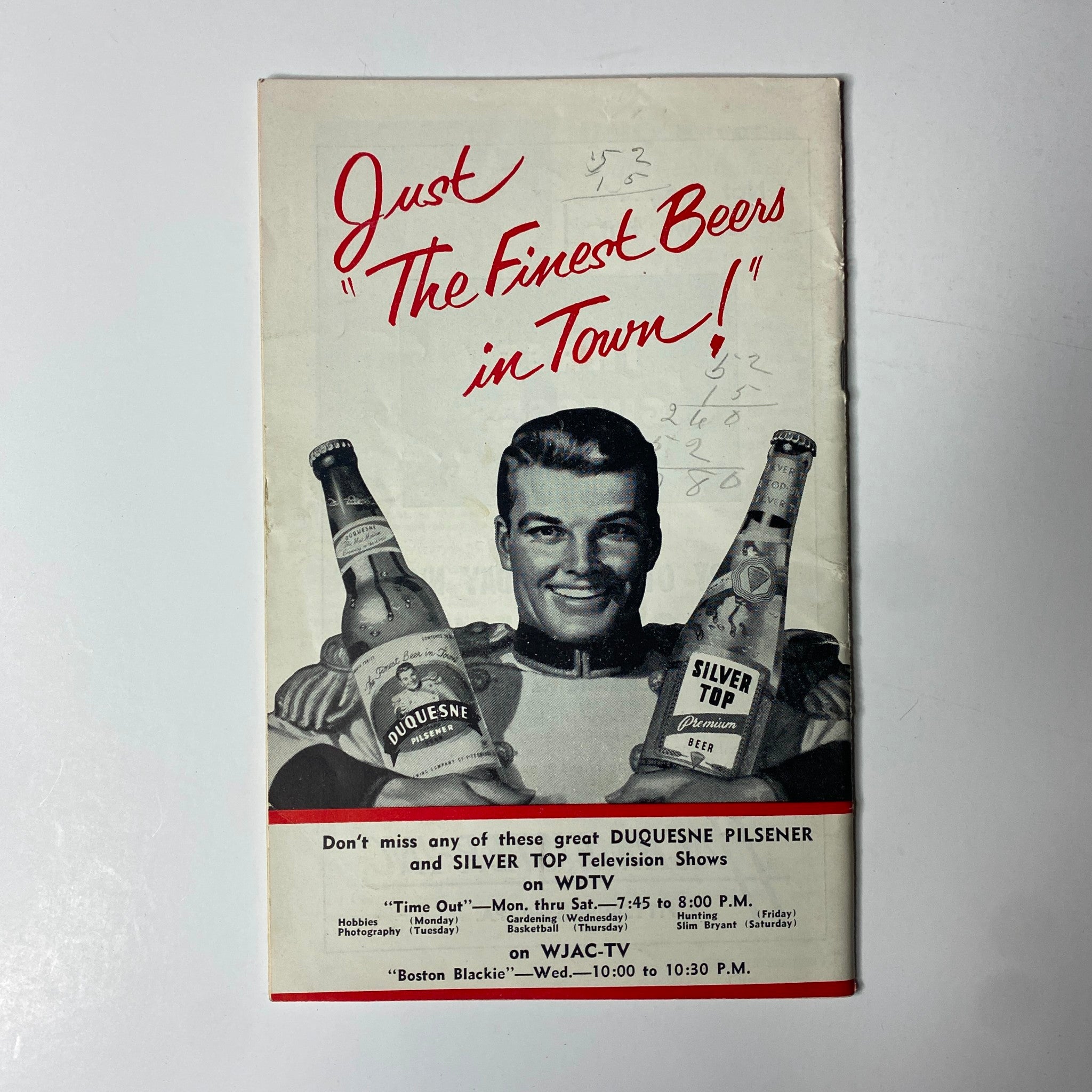 Vintage advertisement for Duquesne Pilsener and Silver Top Beer, featuring a smiling man holding two beer bottles, promoting television shows on WDTV. Associated with the TV Digest Magazine February 28, 1953 with Betty Furness on the cover.