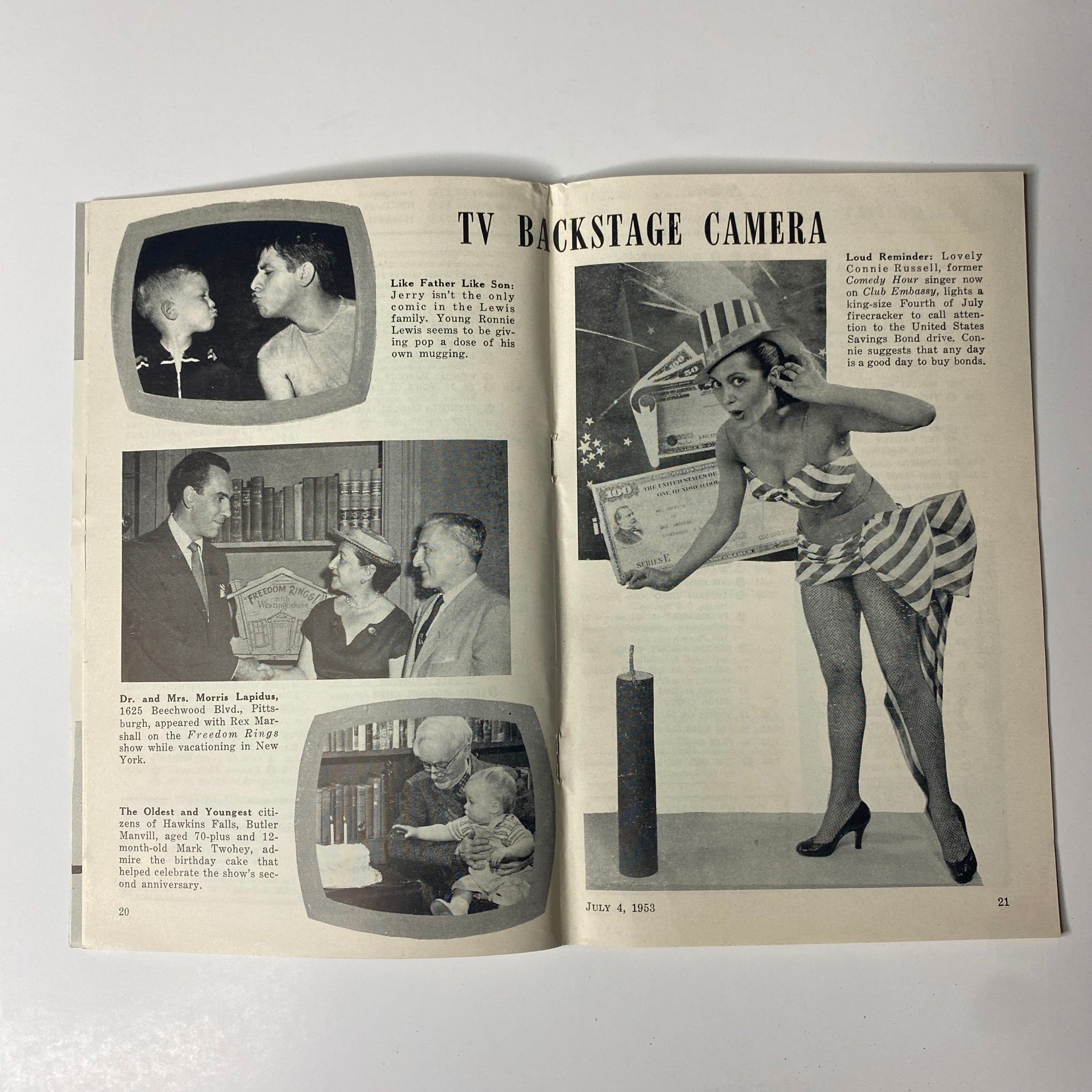 Inside spread of TV Digest Magazine, July 4, 1953, showcasing TV Backstage Camera with various images and information.