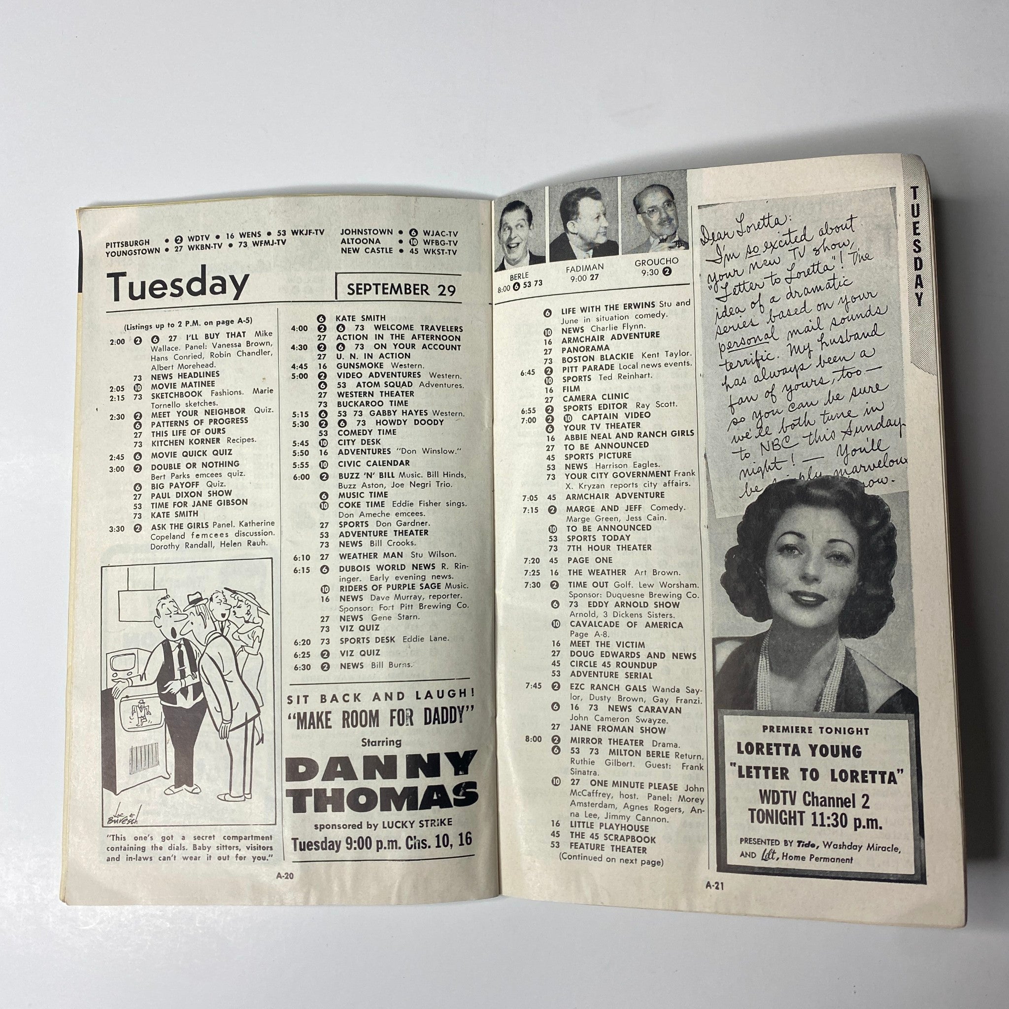 Inside page of TV Guide Magazine September 25, 1953 featuring program listings for September 29, including shows like 'Make Room for Daddy' starring Danny Thomas and a letter note about the broadcast schedule.