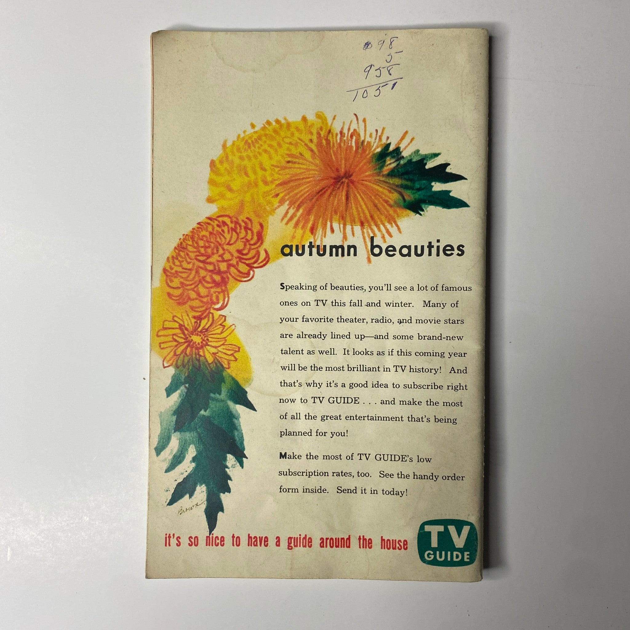 Back cover of TV Guide Magazine September 25, 1953 with a colorful illustration labeled 'autumn beauties' promoting TV subscriptions and highlighting upcoming entertainment.