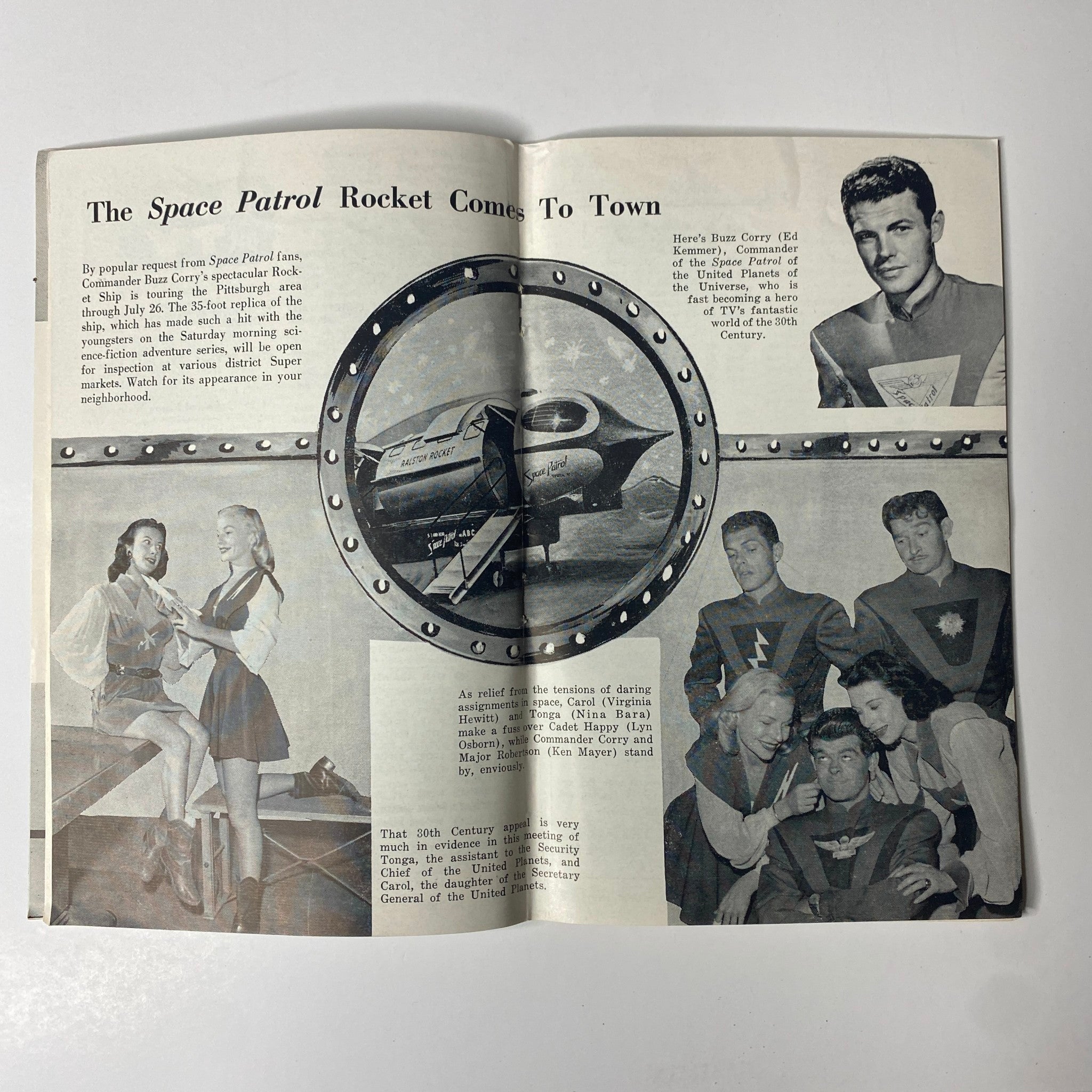 Interior page of TV Guide & Digest Magazine July 18, 1953, featuring an article about the Space Patrol Rocket visiting Pittsburgh, along with images of the cast members.