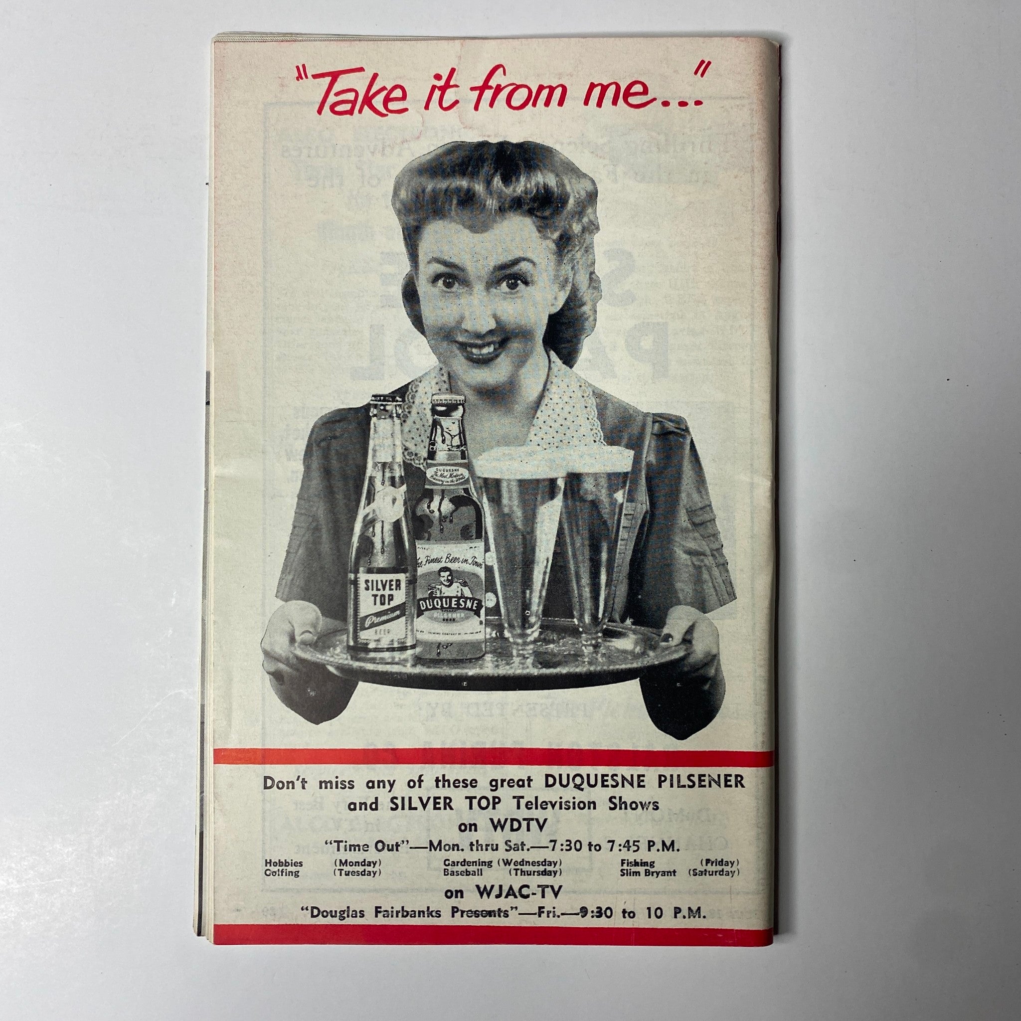 Cover image of TV Guide & Digest Magazine, July 18, 1953, featuring a smiling woman holding a tray with Duquesne Pilsener and Silver Top beers, promoting WDTV television shows.