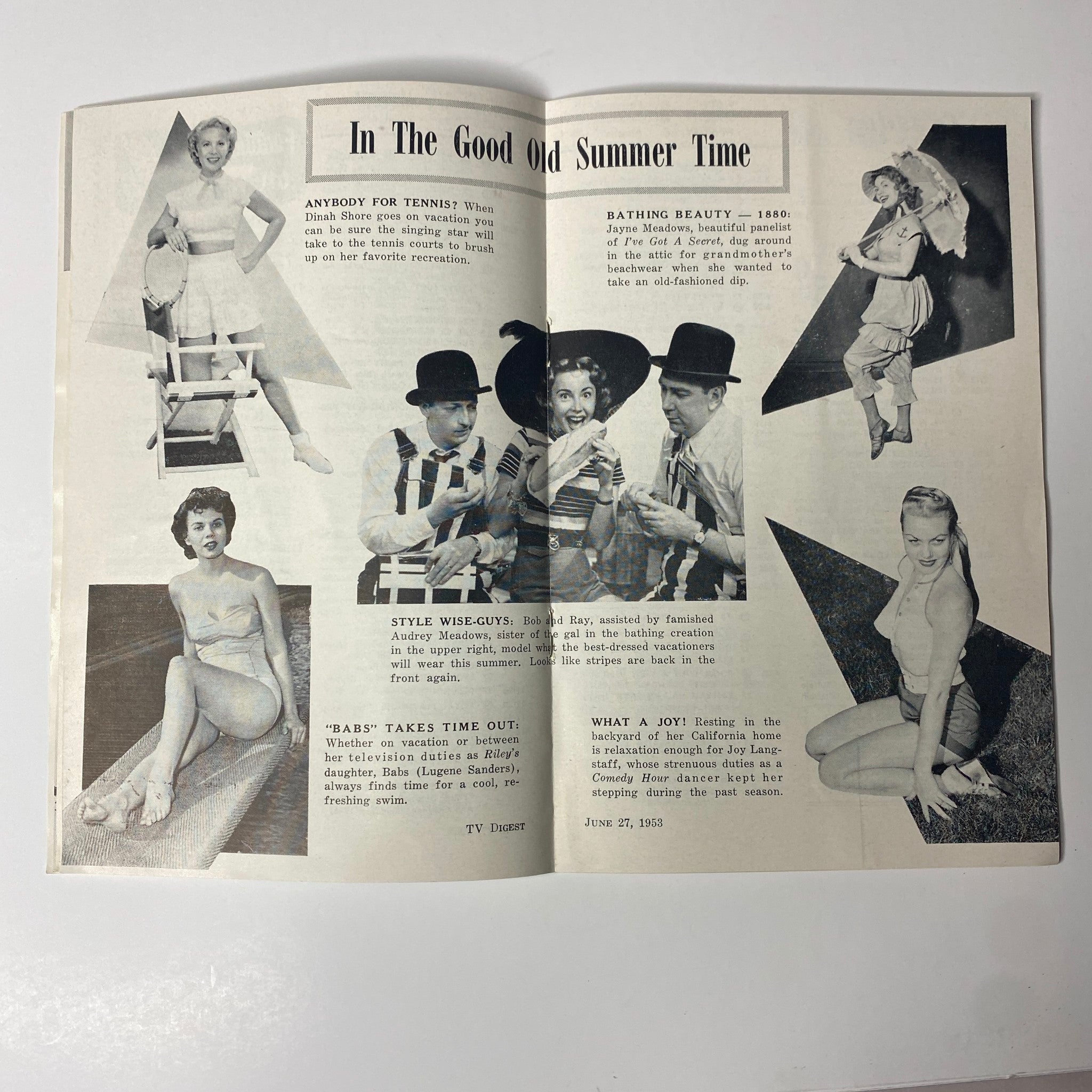 An interior spread from TV Digest Magazine, June 27, 1953, showcasing summer-themed articles and images featuring various entertainers and character illustrations.