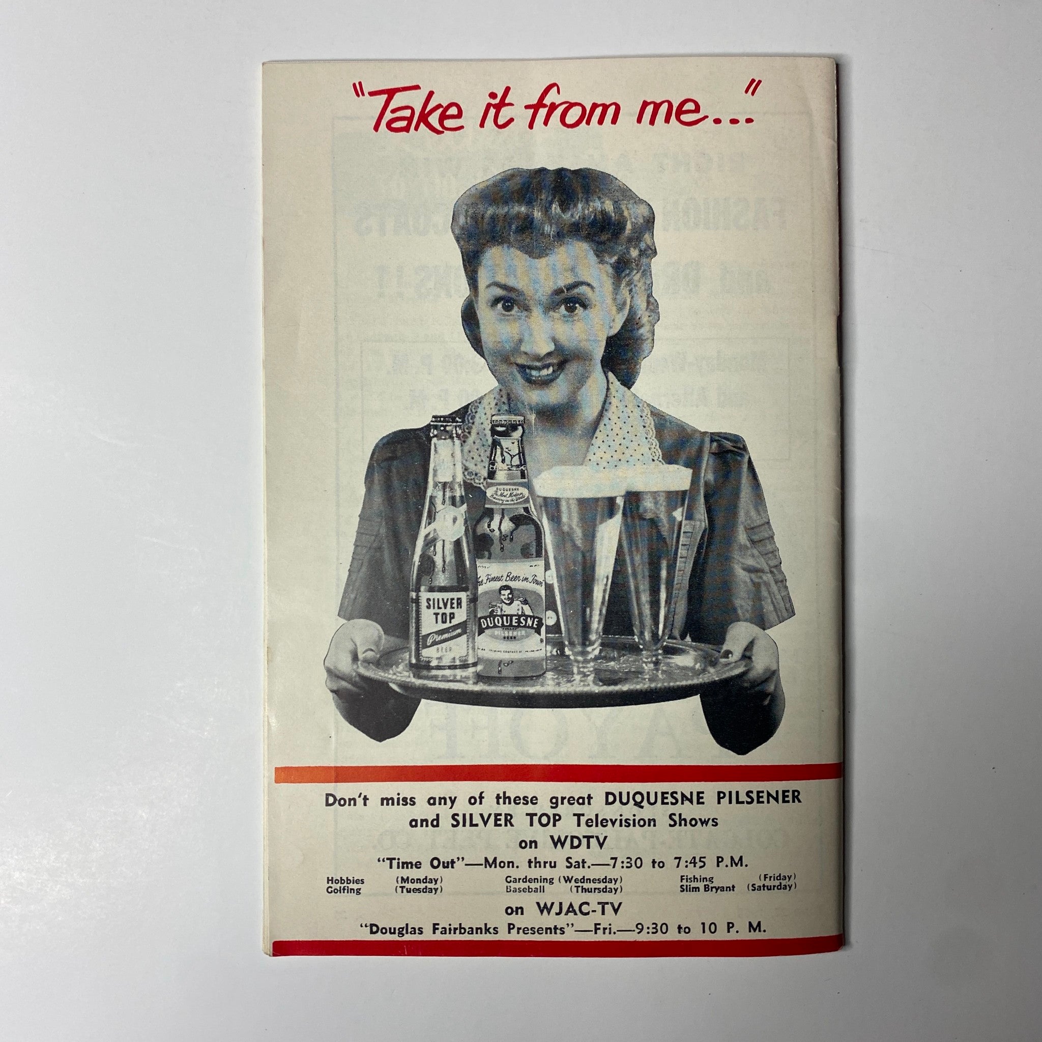 Back cover of TV Digest Magazine, June 27, 1953, featuring a promotional advertisement for Duquesne Pilsener and Silver Top television shows on WDTV.