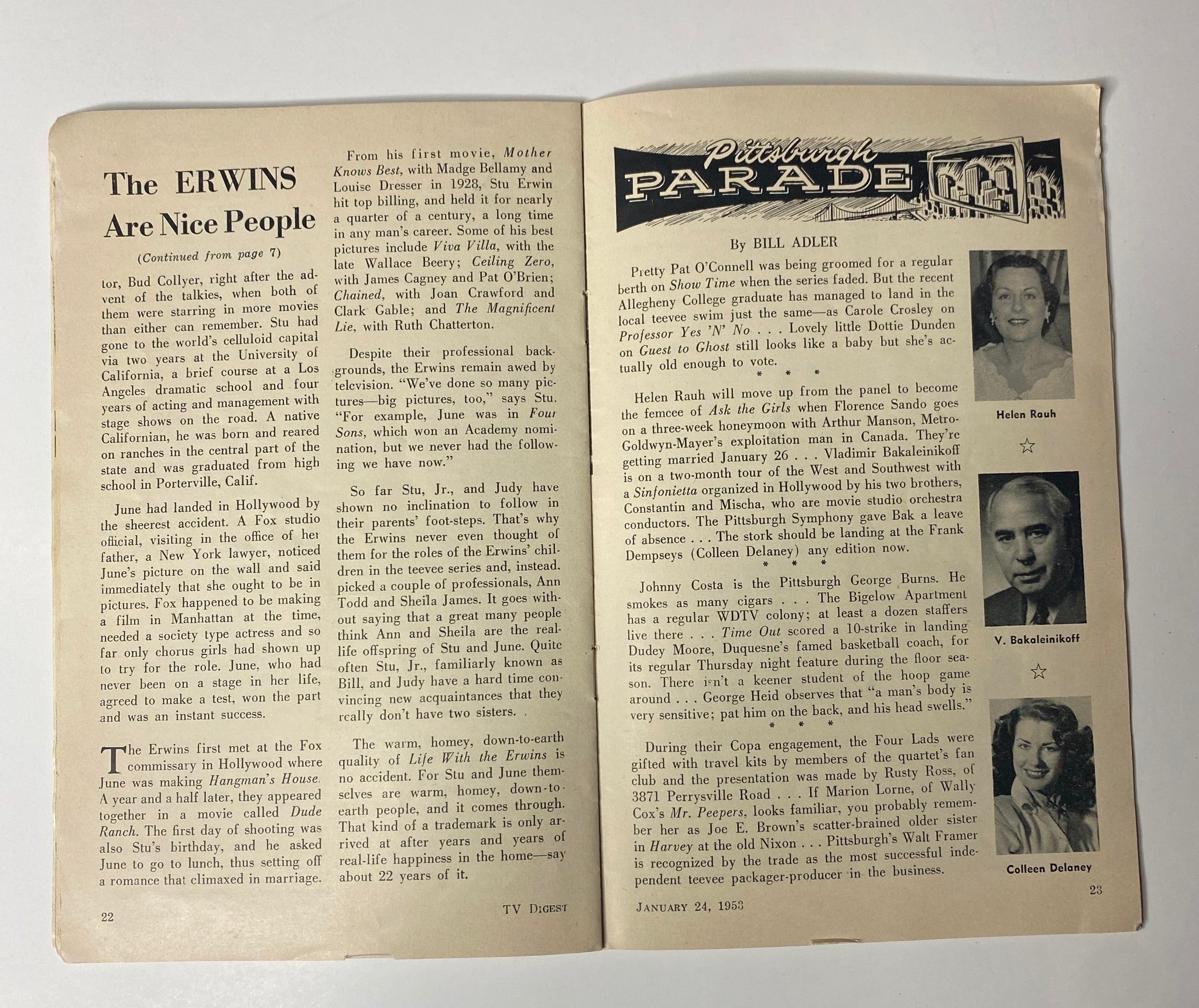 Feature page from TV Digest Magazine January 24, 1953, discussing The Erwins under the section 'The ERWINS Are Nice People'.
