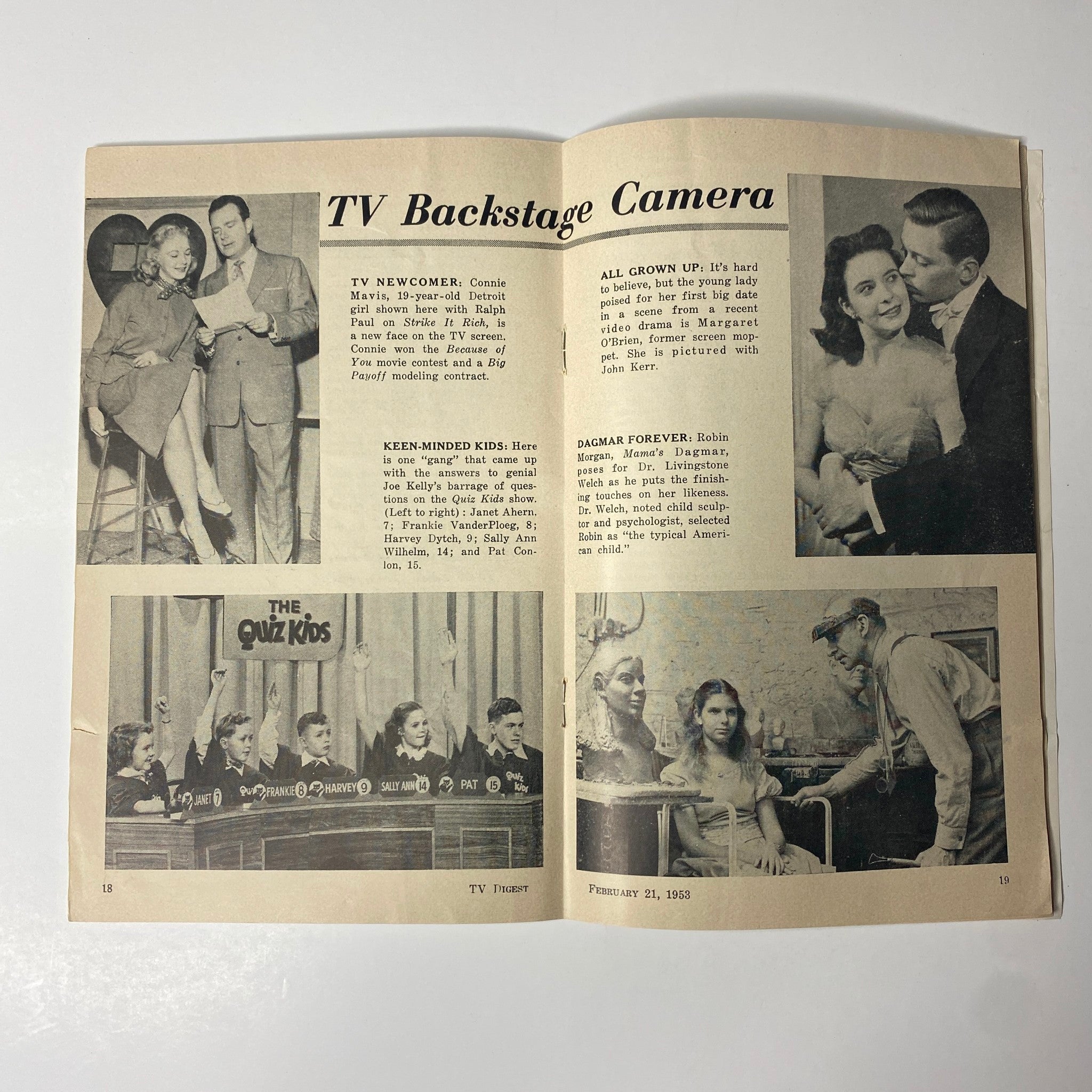 Interior spread of TV Digest Magazine February 21, 1953 showcasing backstage camera features and images of television newcomers and quiz shows.
